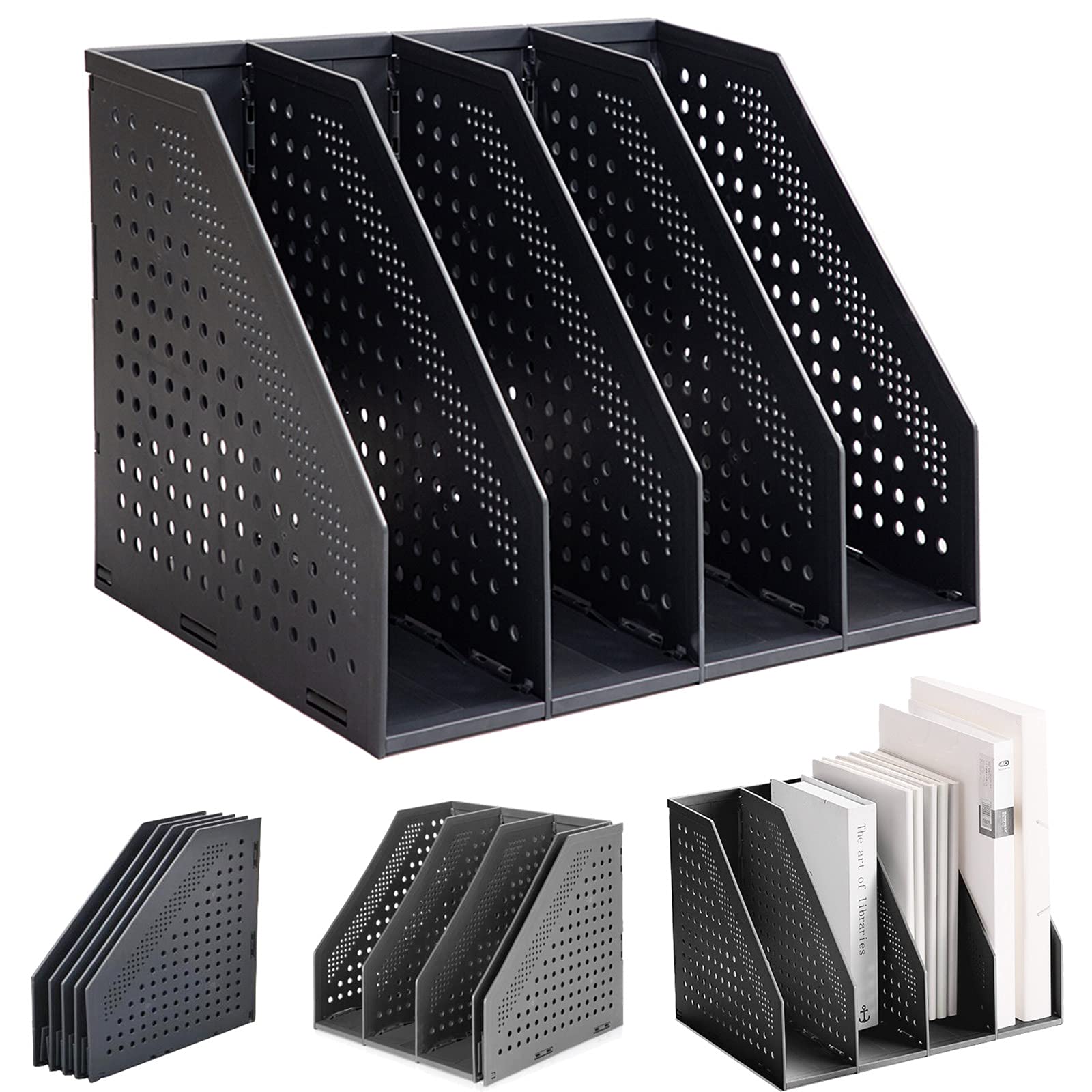Lemical Magazine Holder 4 Vertical Compartments Collapsible Magazine File Holder Space Saving Rack Home Kitchen Desk Organizer No Need Assemble (Black)
