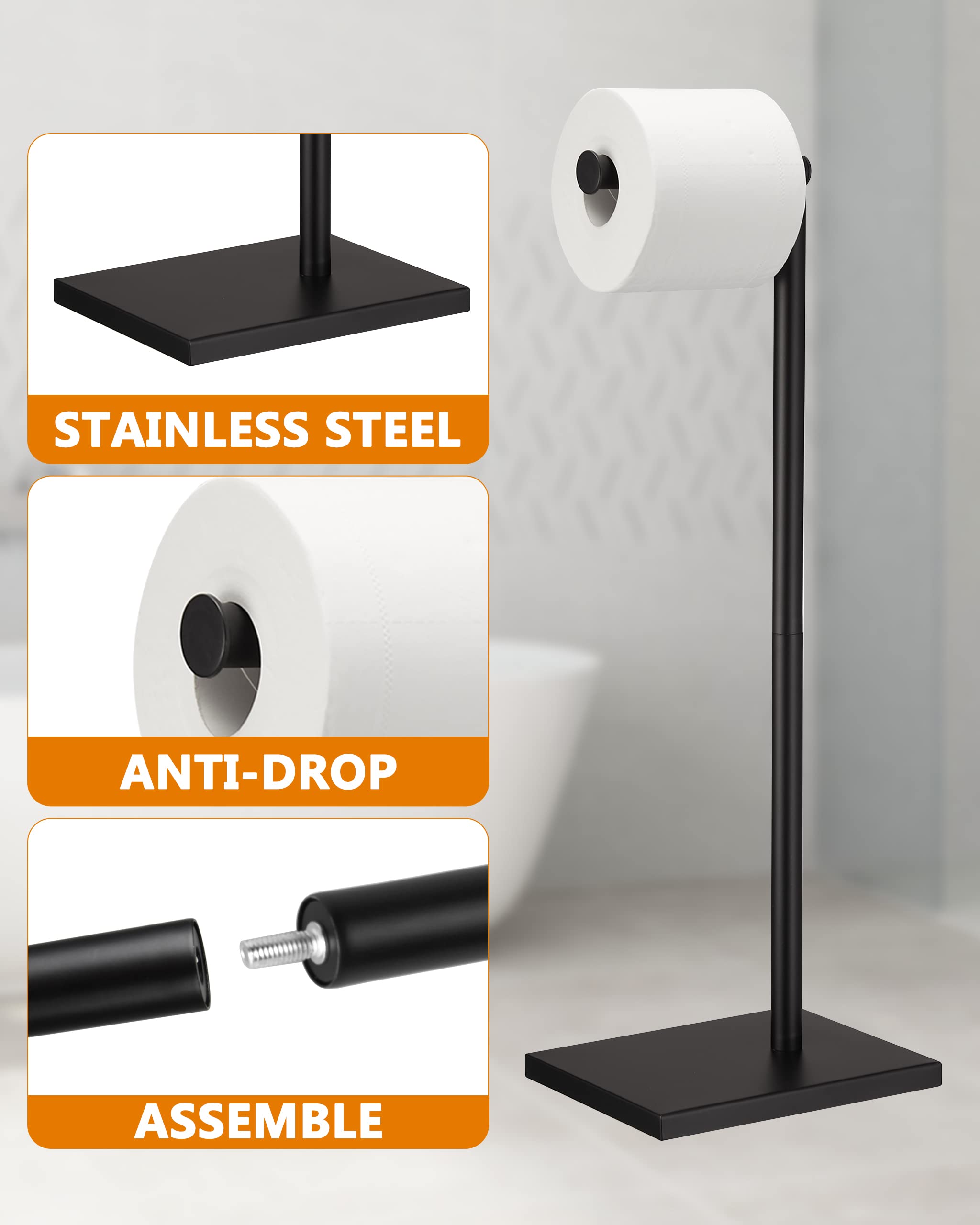 DECLUTTR Black Toilet Paper Holder, Bathroom Toilet Paper Roll Holder Stand with Reserve, Toilet Paper Holder Free Standing with Storage