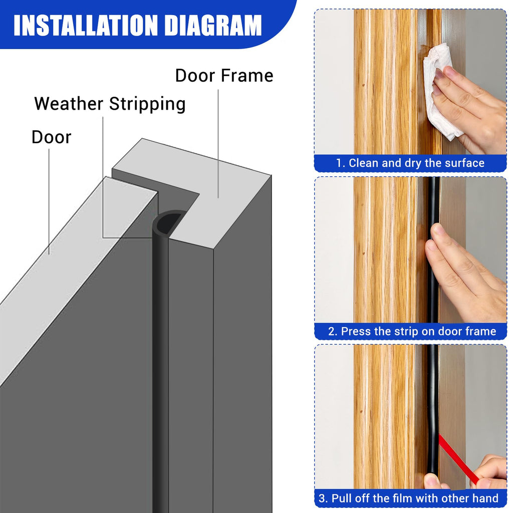 Weather Stripping Door Seal Self Adhesive Weather Strip Silicone D Shaped Door Seal Strip for Door Frame/Window Seal, 20Ft, Black (3/8" W × 1/4" T)