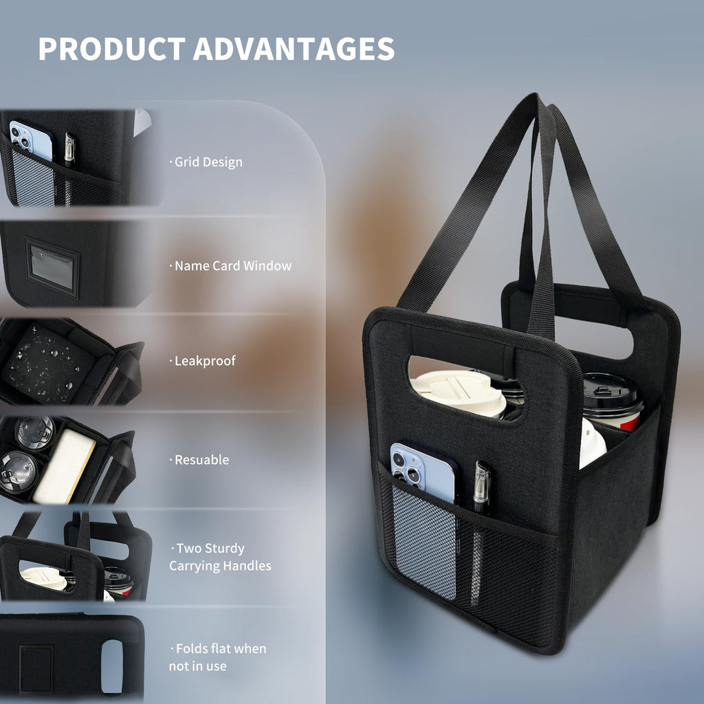 NENYX Reusable 4 Cup Drink Carrier with Handle and Adjustable Dividers, Insulated Caddy for Take Out, Foldable Coffee Cup Holder for Hot & Cold Drinks (Black)