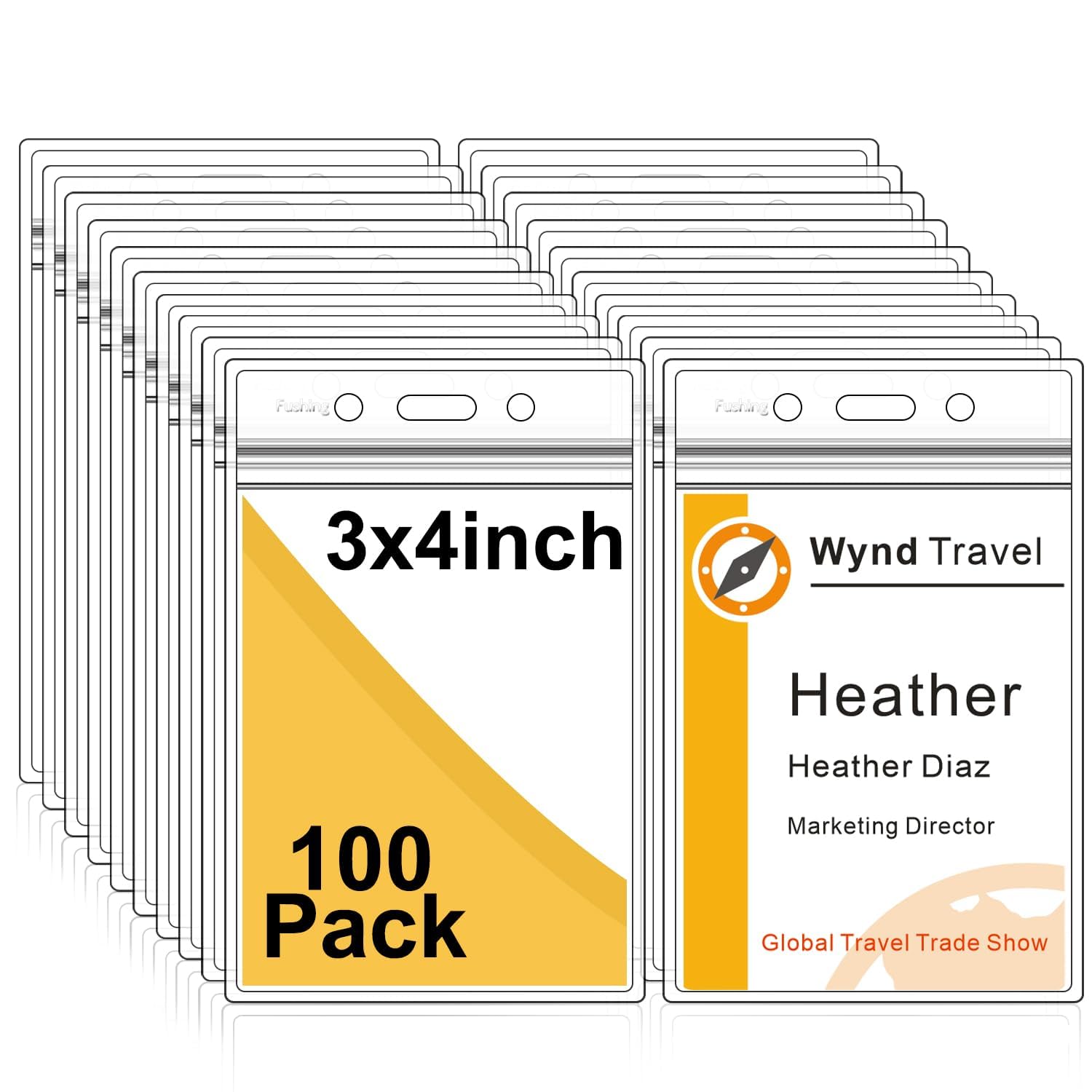 Fushing Pack of 100 Clear Plastic Vertical Badge Holders, Name Tag Holders, Card Holders (L)