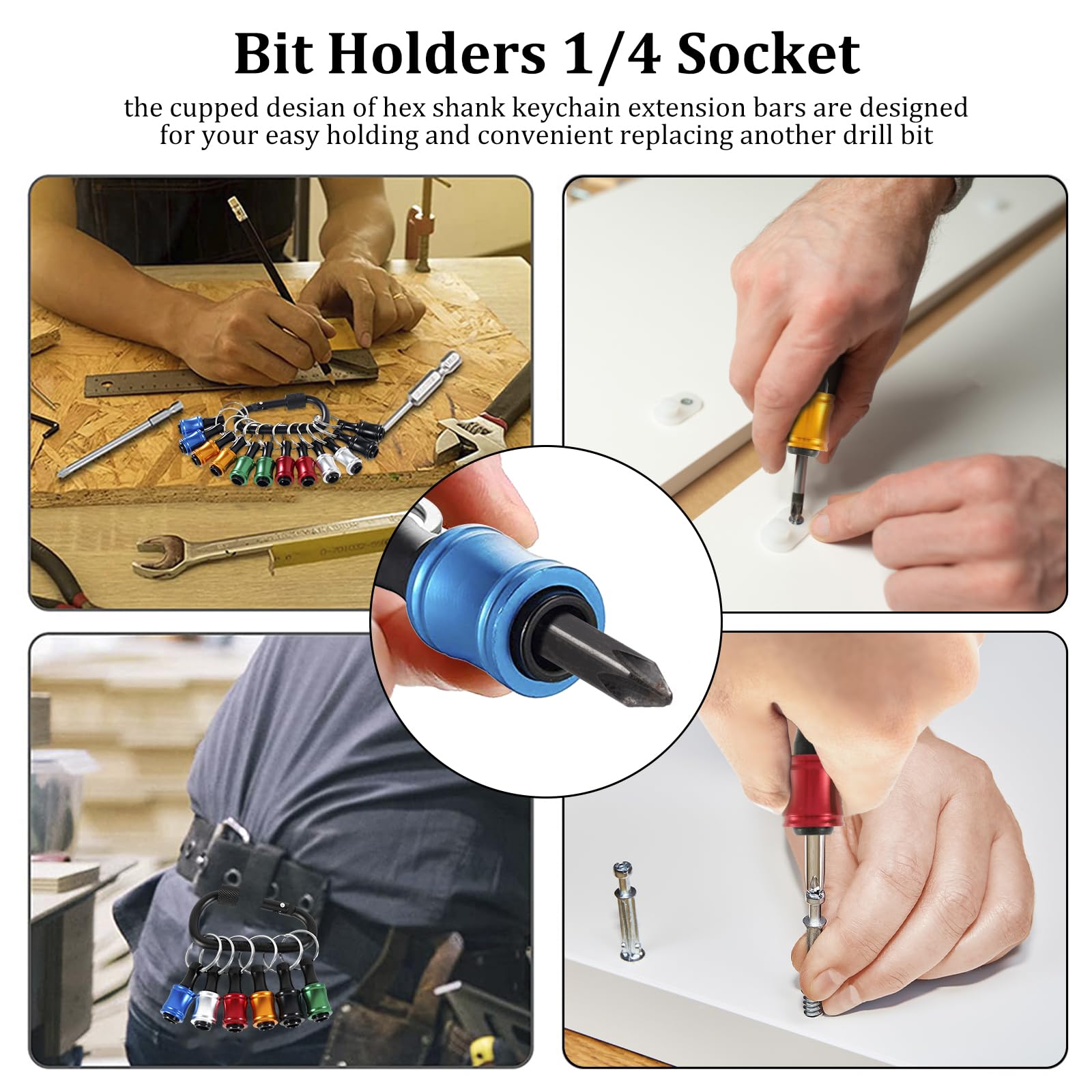 18Pcs 1/4 inch Hex Shank Bit Holder Keychain Portable Socket Drill Bit Holder Quick Change Aluminum Alloy Long and Short Drill Bit Holder Extension Bar Impact Screwdriver Bit Holder Key Chain