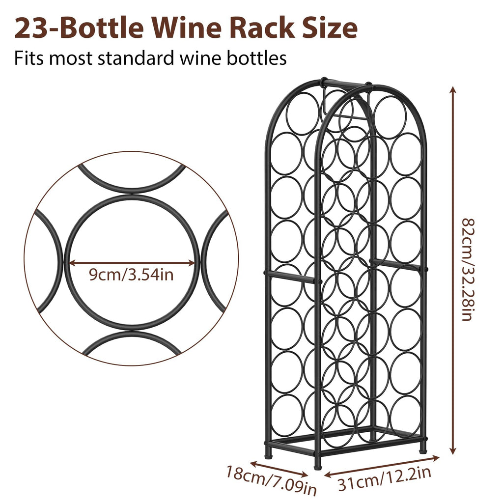 KANEODOT 23-Bottle Freestanding Wine Rack with Handle, 82cm Tall Metal Wine Holder with Adjustable Feet, Storage Organizer and Display Rack for Bar, Kitchen, Pantry, Dining Room, Living Room, Black