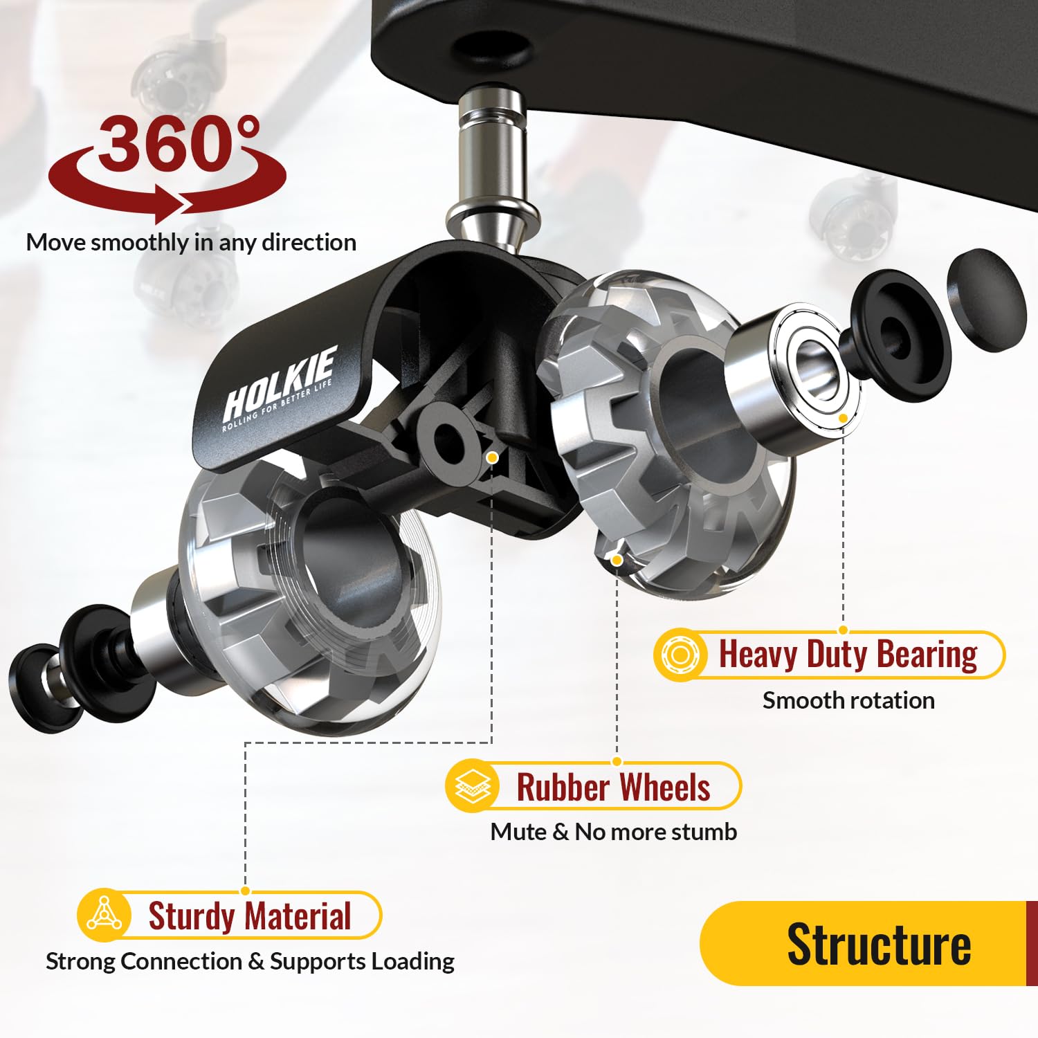 HOLKIE Office Chair Wheels Replacement 11x22mm Universal Fit 2 Inch Casters, Grey Dual Rubber Smooth & Quiet Rolling Desk Wheels-Set of 5 for Hardwood Floors & Carpet Computer Gaming Chair Wheels