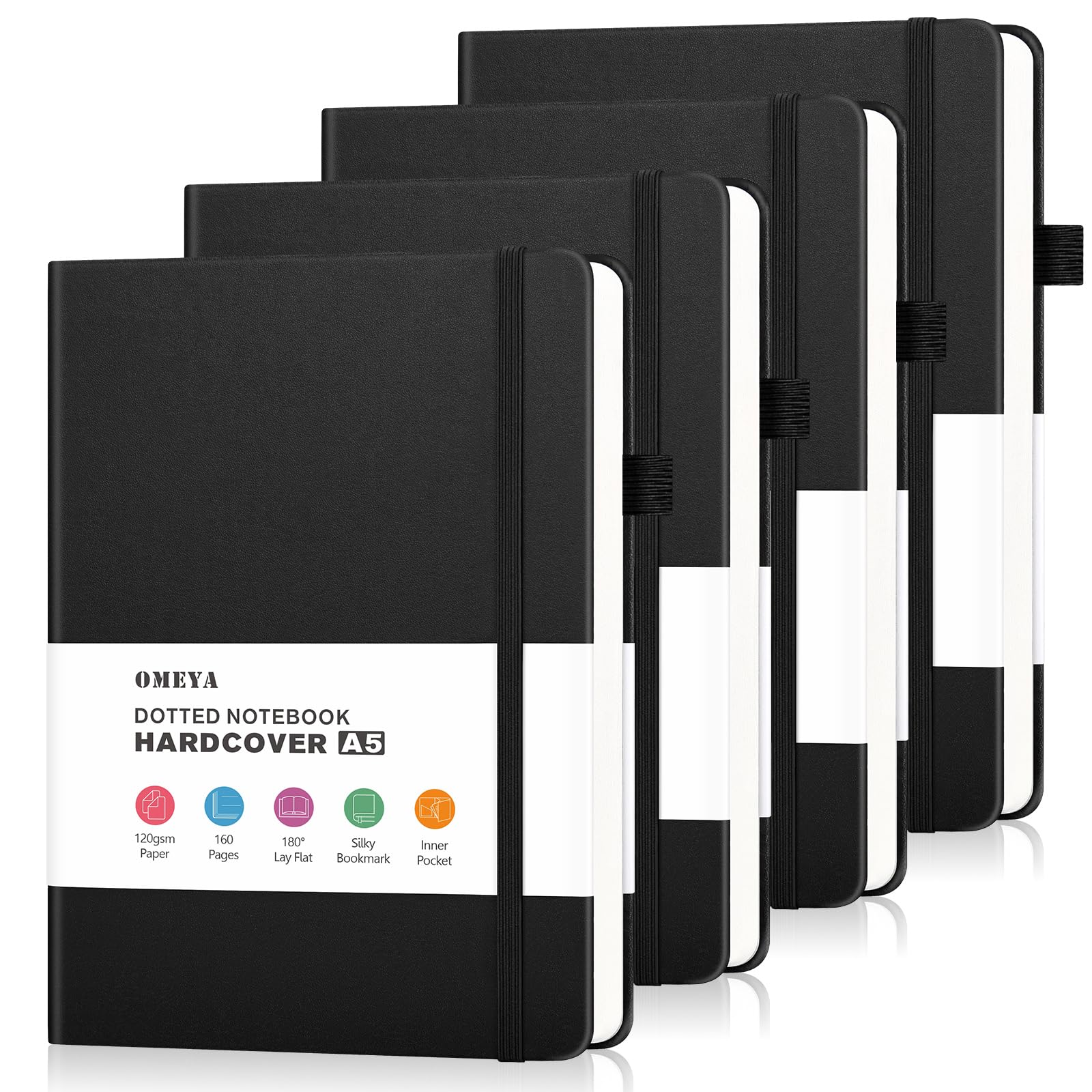 Bullet Dotted Journal Notebook 4 Pack: 160 Pages Per Pack, A5 Medium Size(5.75" × 8.38"), 120 GSM Thick Paper, Leather Dotted Notebook, Hardcover Dot Grid Notebook, Dot Journal for Wrting (Black)