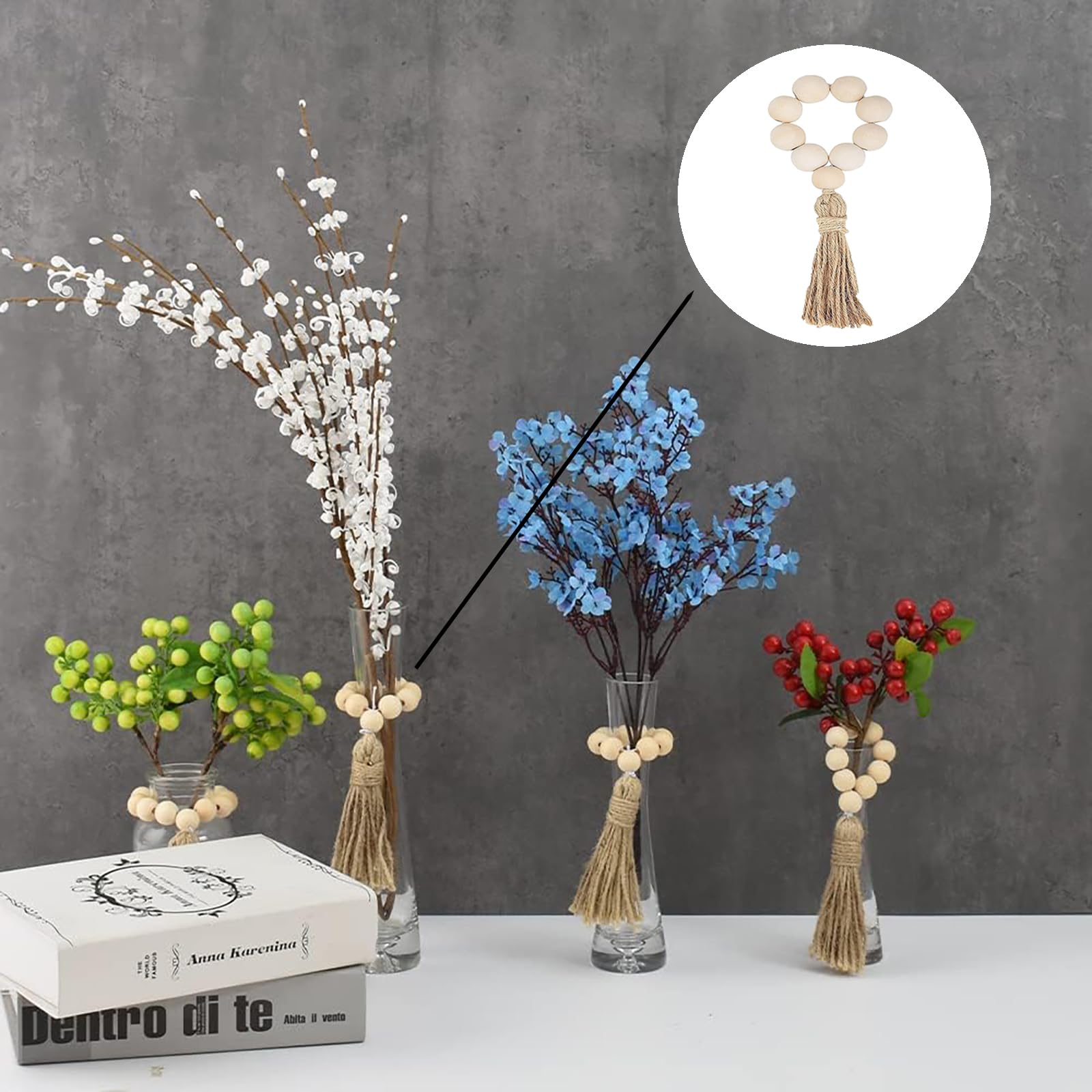 12 pcs Wood Bead Elastic Farmhouse Napkin Rings with Tassel,Elastic Napkin Rings for Wedding Party Home Decoration, Napkin Holders for Dinner Table Decor