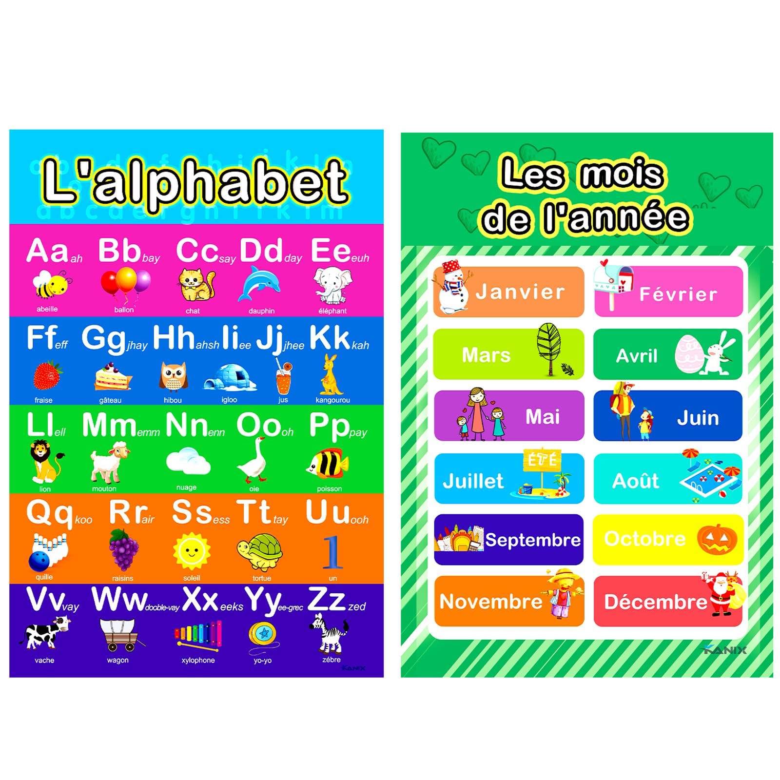 8 French Educational Preschool Posters Alphabet Numbers Colours Months Seasons Shapes Weather Days Weeks for Toddlers Kids Nursery Homeschool Kindergarten School Classrooms ABC kid Affiches éducatives en français canadien(11 x 17 in.)