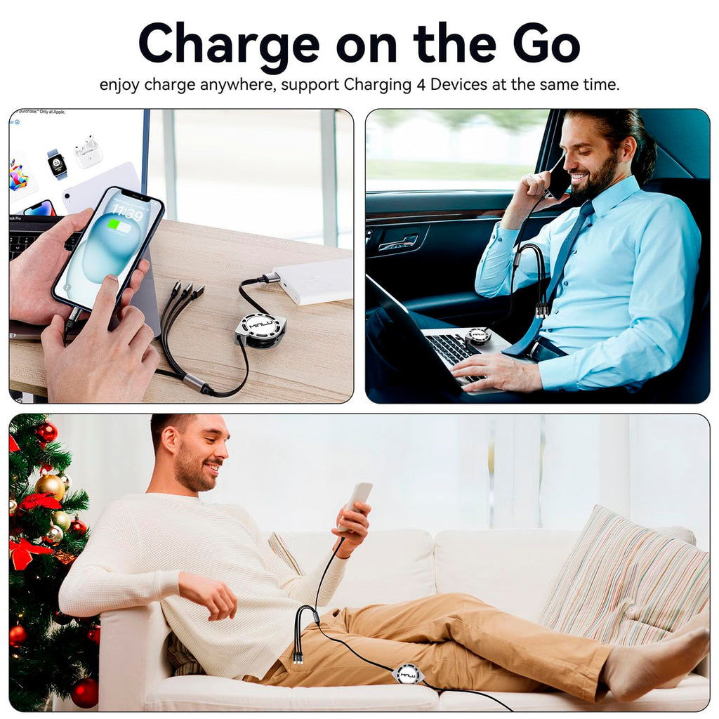 MINLU 4ft/1.2m 4-in-1 Retractable Multi Charging Cable, 4A, 2Pack, Compatible with iPhone, iPad, Samsung, Android, USB Type C/Micro USB, Gray