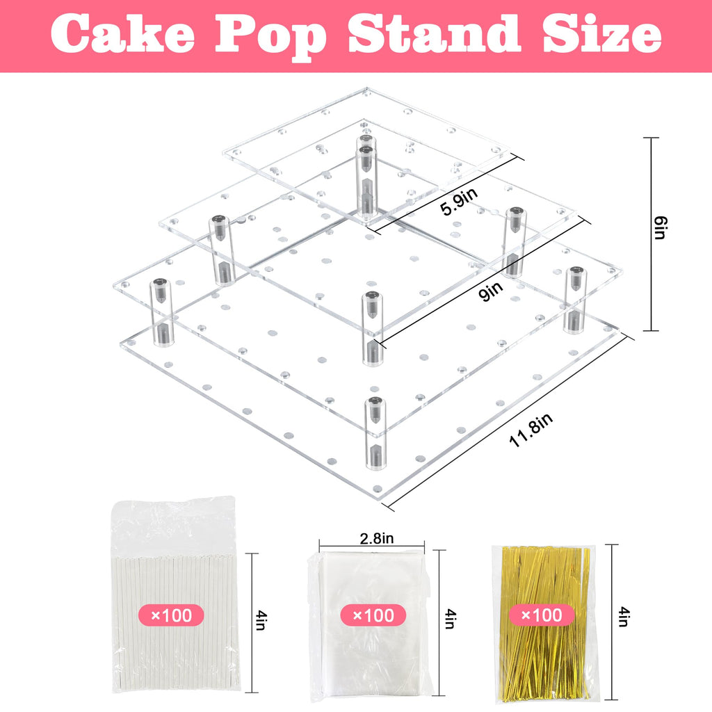 3 Tier Cake Pop Stand, 56 Holes Acrylic Cake Pop Holder Stand, Clear Cake Pop Display Stand Holder, Lollipop Square Display Stand with Sticks and Wrappers for Weddings Birthday Parties