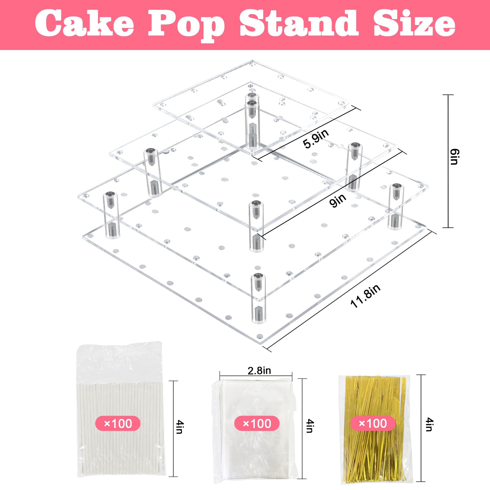 3 Tier Cake Pop Stand, 56 Holes Acrylic Cake Pop Holder Stand, Clear Cake Pop Display Stand Holder, Lollipop Square Display Stand with Sticks and Wrappers for Weddings Birthday Parties