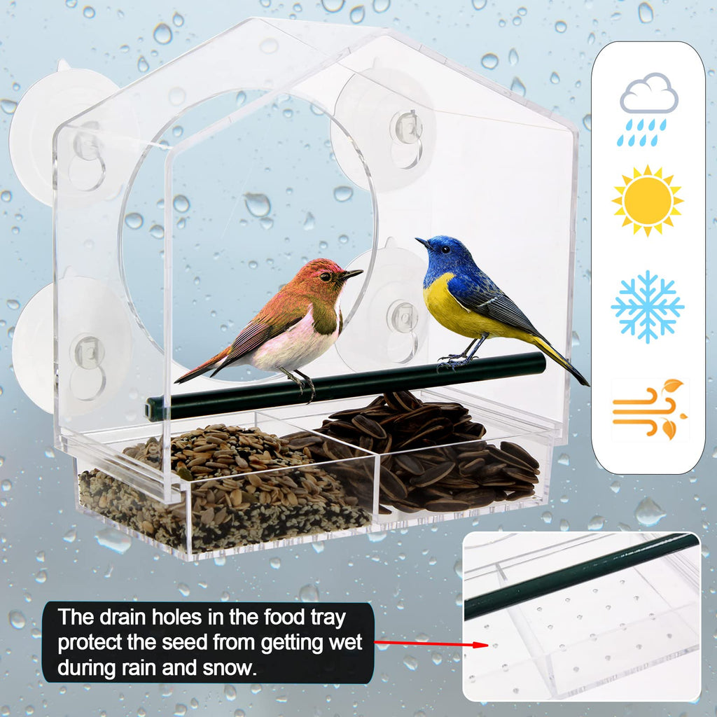 Suekiria Acrylic Window Bird Feeder with 4 Strong Suction Cups, Clear Bird House, Removable Food Tray with Drain Holes, Easy Install and Clean for Backyard and Outdoor
