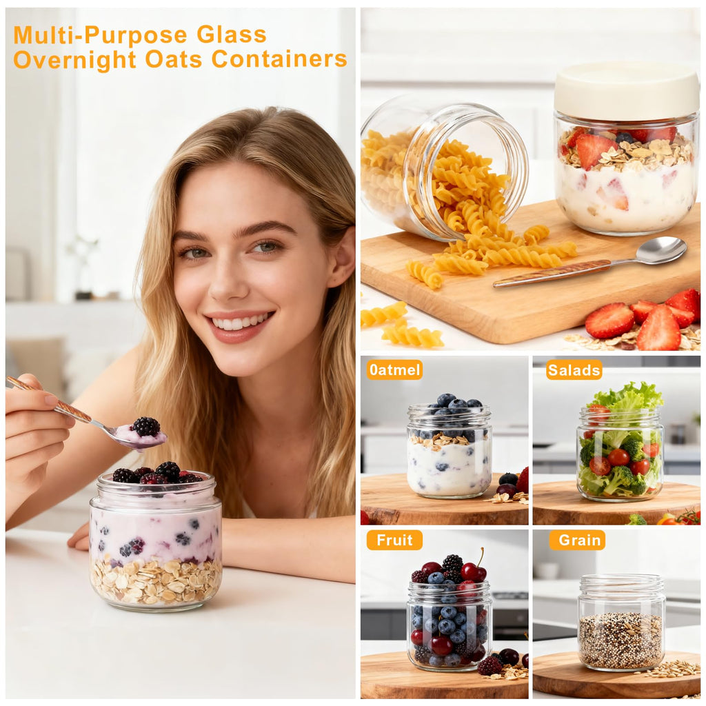 Wide Mouth Mason Jars,4 Pack 10oz Glass Overnight Oats Jar,Reusable Small Glass Jar Overnight Oats Containers with Lids for Fruit, Salad Dressing, Sauce,Cereal,Pasta,Sugar,Beans(300ml)