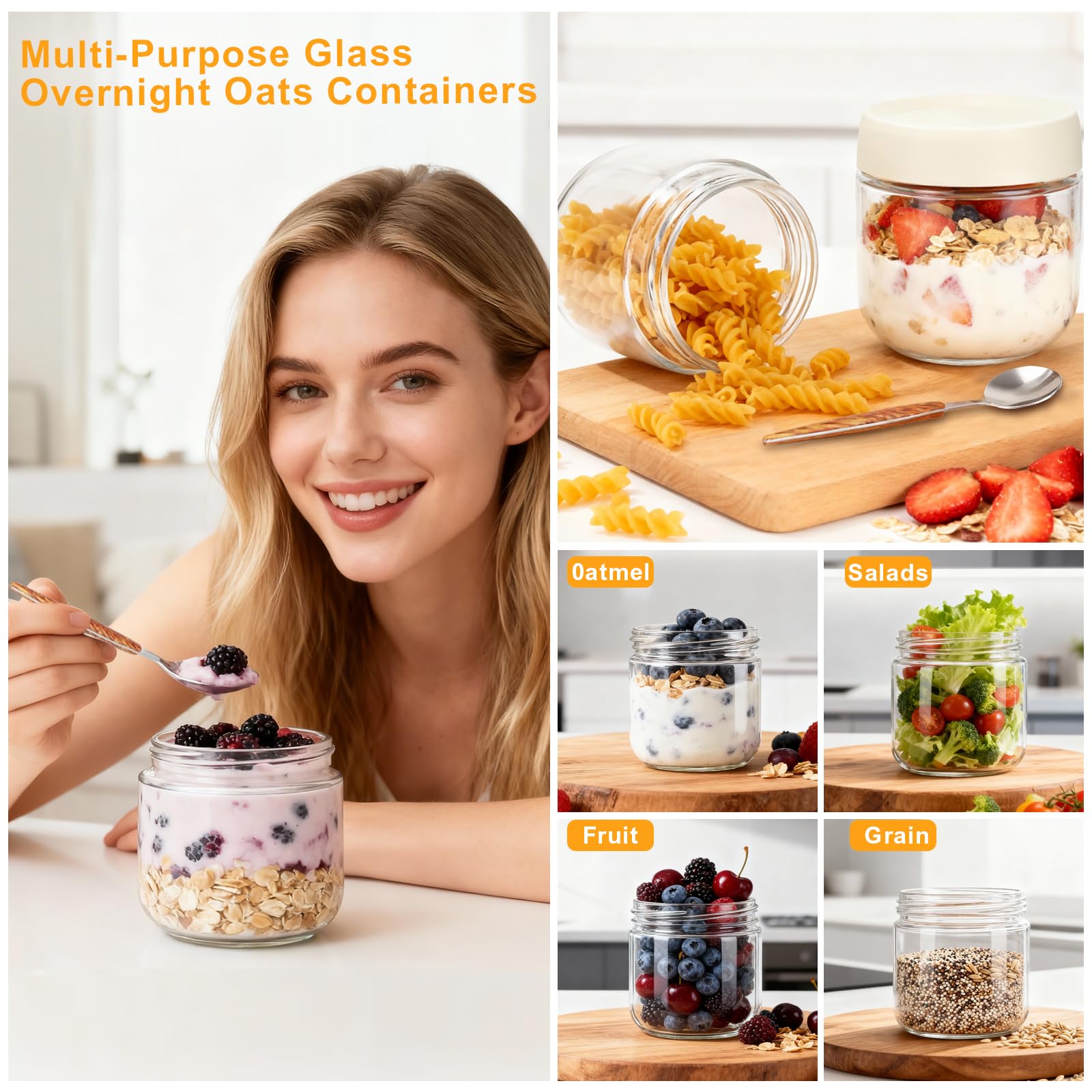 Wide Mouth Mason Jars,4 Pack 10oz Glass Overnight Oats Jar,Reusable Small Glass Jar Overnight Oats Containers with Lids for Fruit, Salad Dressing, Sauce,Cereal,Pasta,Sugar,Beans(300ml)