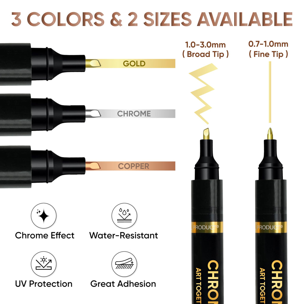 COORIART 6PK Liquid Chrome Markers - Permanent Mirror Chrome Pens, Chrome Paint Pens for Plastic, Metal, Model Painting, Touch Up & Repair Kit, Set of 2 Tips (0.7mm, 1-3mm)