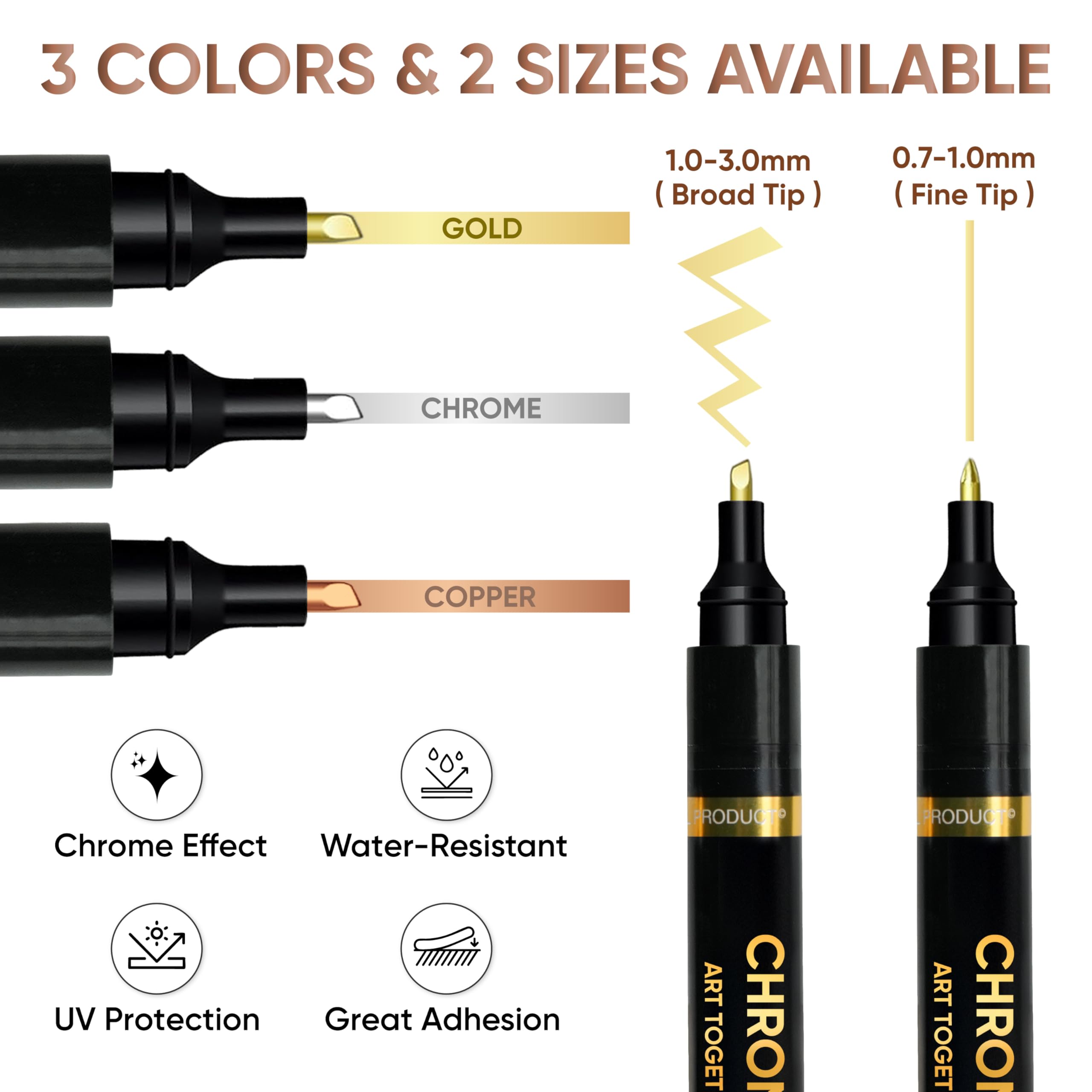 COORIART 6PK Liquid Chrome Markers - Permanent Mirror Chrome Pens, Chrome Paint Pens for Plastic, Metal, Model Painting, Touch Up & Repair Kit, Set of 2 Tips (0.7mm, 1-3mm)