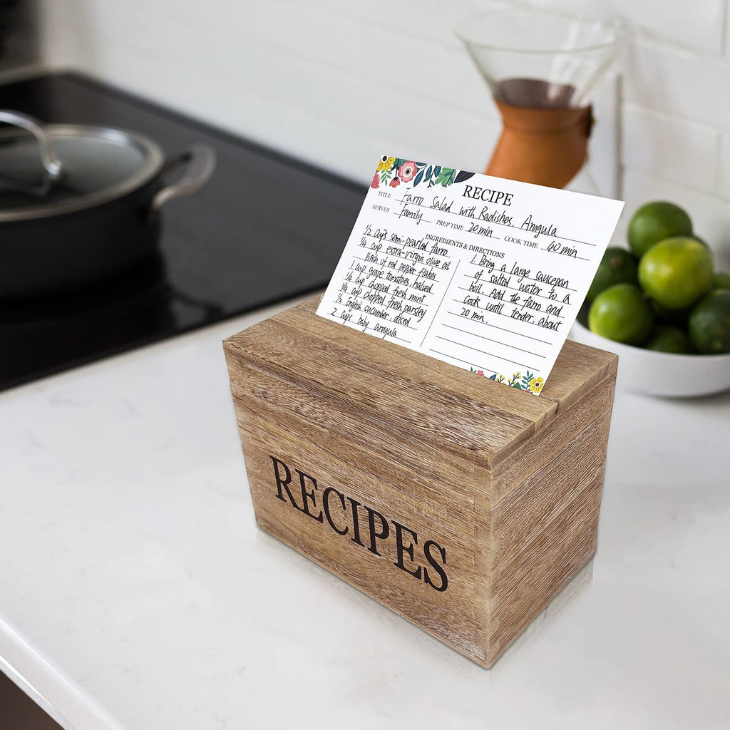 feasteery Recipe Box,100 Recipe Cards with Dividers,100 Card Protectors,Rustic Wood Box Organizer Set to Write in Your Own Recipes,Cute Box for Housewarming Grandma Mom Wedding Bridal Shower