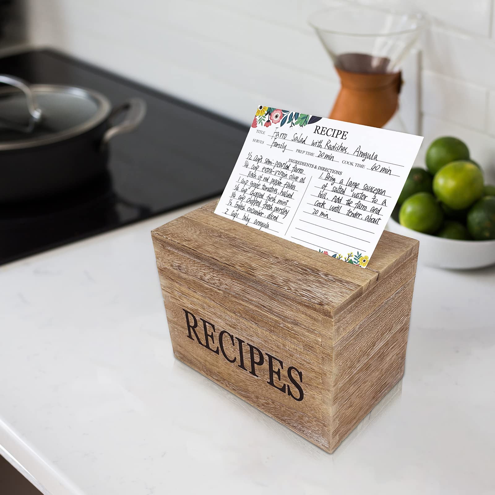 feasteery Recipe Box,100 Recipe Cards with Dividers,100 Card Protectors,Rustic Wood Box Organizer Set to Write in Your Own Recipes,Cute Box for Housewarming Grandma Mom Wedding Bridal Shower