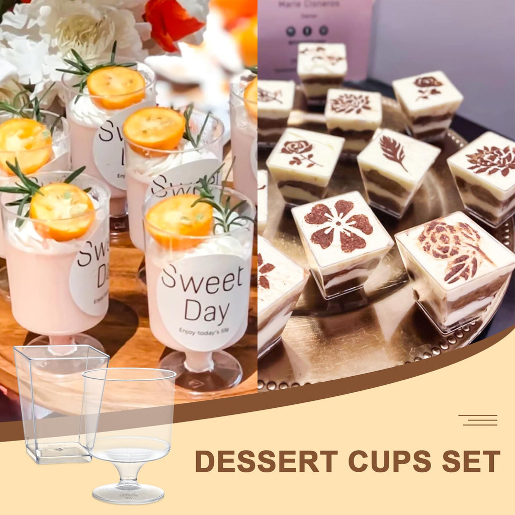 mwellewm 300 Pack Mini Plastic Dessert Cups with Spoons, 5 OZ Square Parfait Glasses for Party, Reusable Fruit Ice Cream Pudding Appetizer Bowls