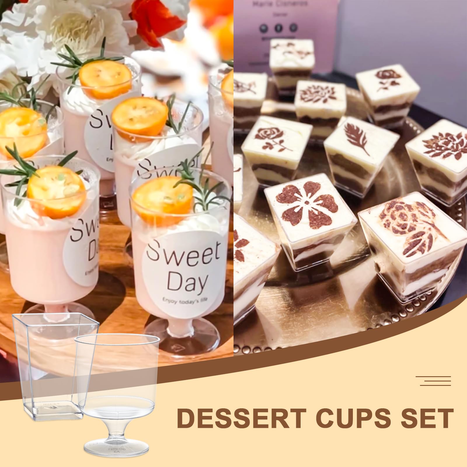 mwellewm 300 Pack Mini Plastic Dessert Cups with Spoons, 5 OZ Square Parfait Glasses for Party, Reusable Fruit Ice Cream Pudding Appetizer Bowls