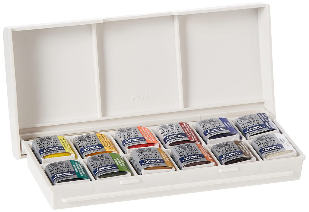 Winsor & Newton Cotman Water Colour Paint Sketchers’ Pocket Box, Half Pans, 13 Count (12 Colors and a Brush)