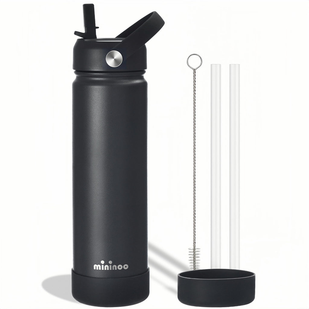 Insulated Stainless Steel Water Bottle with Straw, Ceramic-Lined, BPA-Free & Leak-Proof, 24 oz, Black