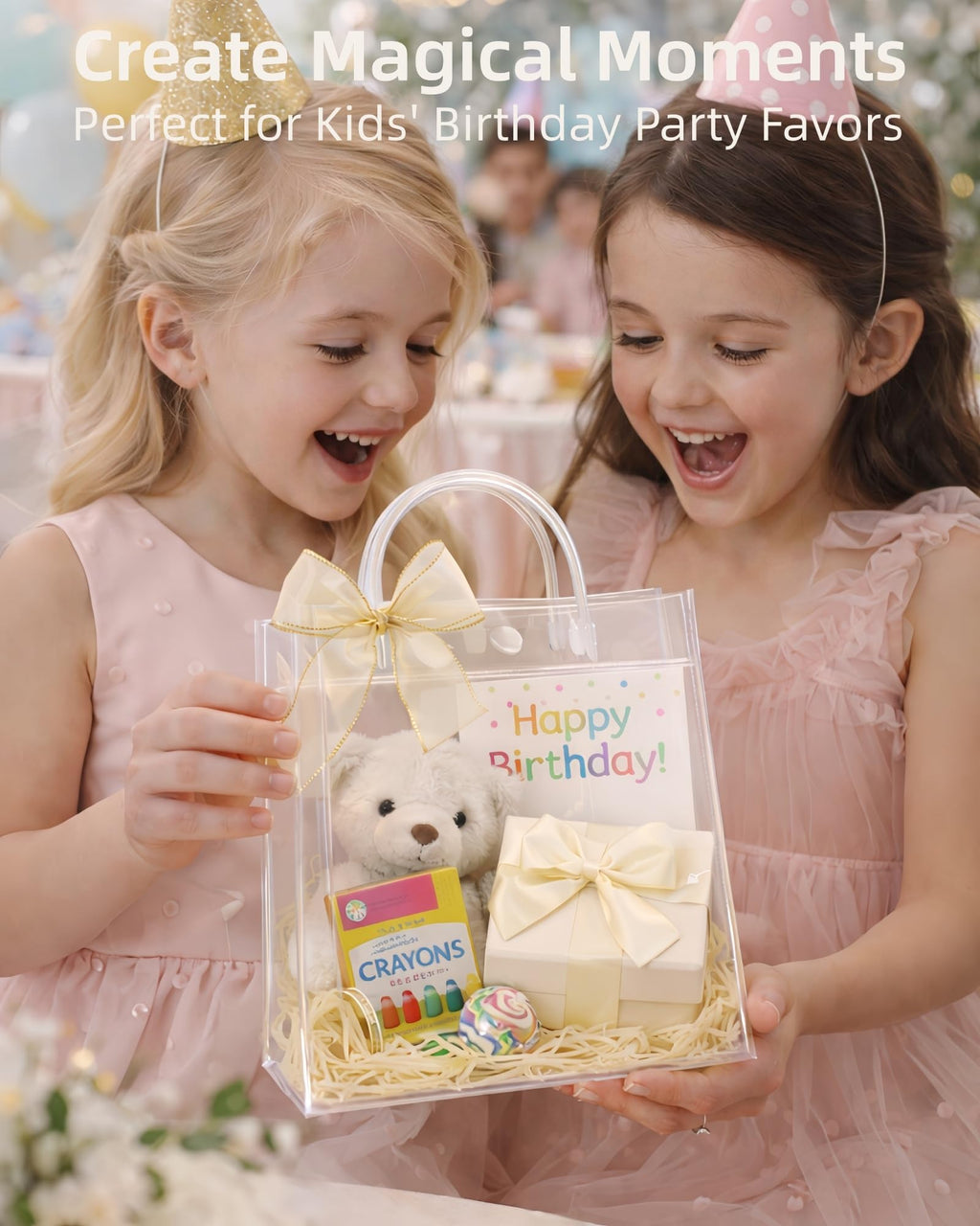VAGREEZ Clear Gift Bags with Handle and Ribbon 25 Pack | Reusable, Transparent, Assorted Sizes, Bulk Loot Bags | Ideal for Party, Wedding, Birthday, Christmas and Small Business | 7.9"X3.15"X7.9", Small-Size