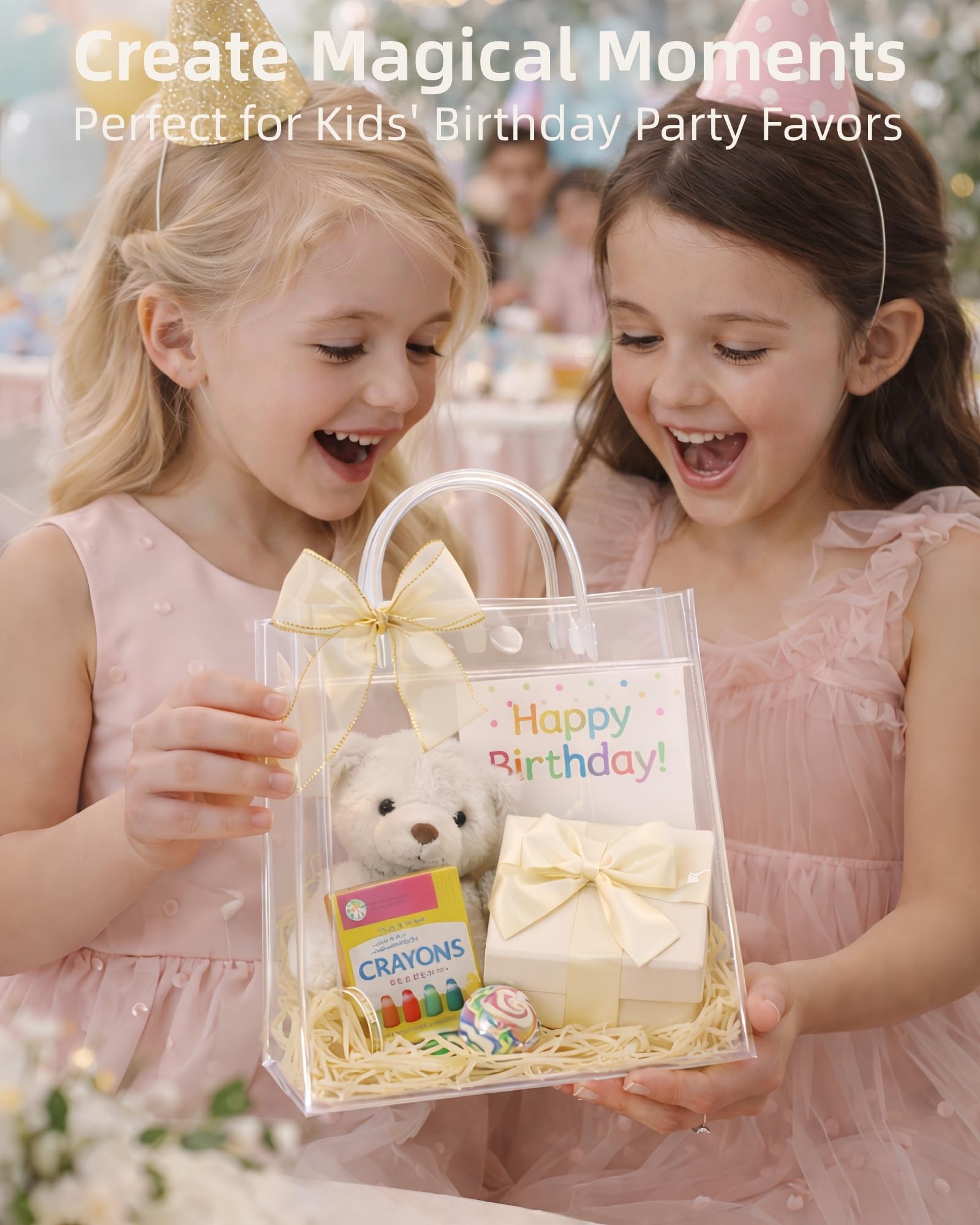 VAGREEZ Clear Gift Bags with Handle and Ribbon 25 Pack | Reusable, Transparent, Assorted Sizes, Bulk Loot Bags | Ideal for Party, Wedding, Birthday, Christmas and Small Business | 7.9"X3.15"X7.9", Small-Size