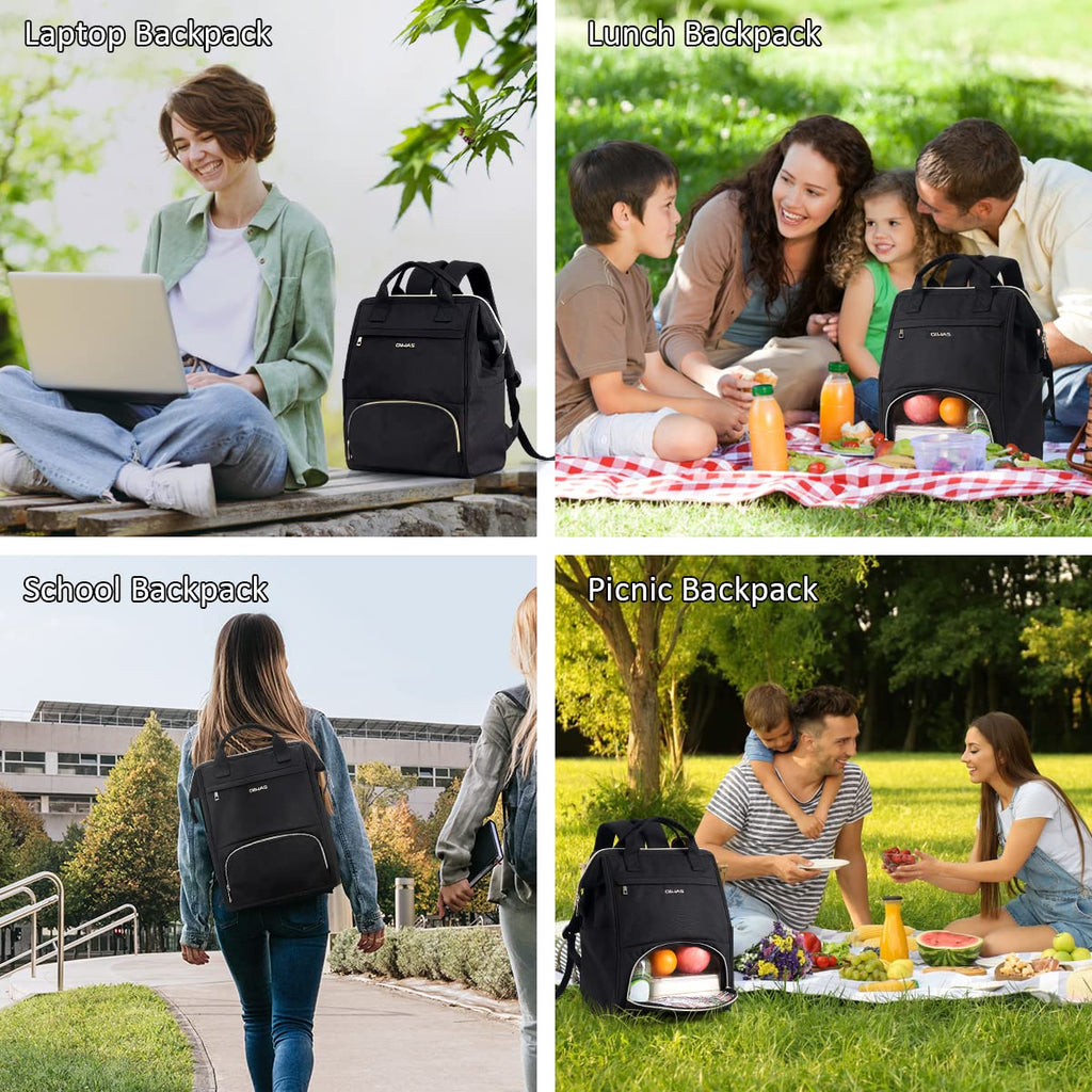 OIWAS Lunch Backpack for Women and Men, 15.6 inch Laptop Backpack with Insulated Compartment, Work Backpack with USB Port, Lunch Bag Suitable for Travel Work Picnics Hiking, Black