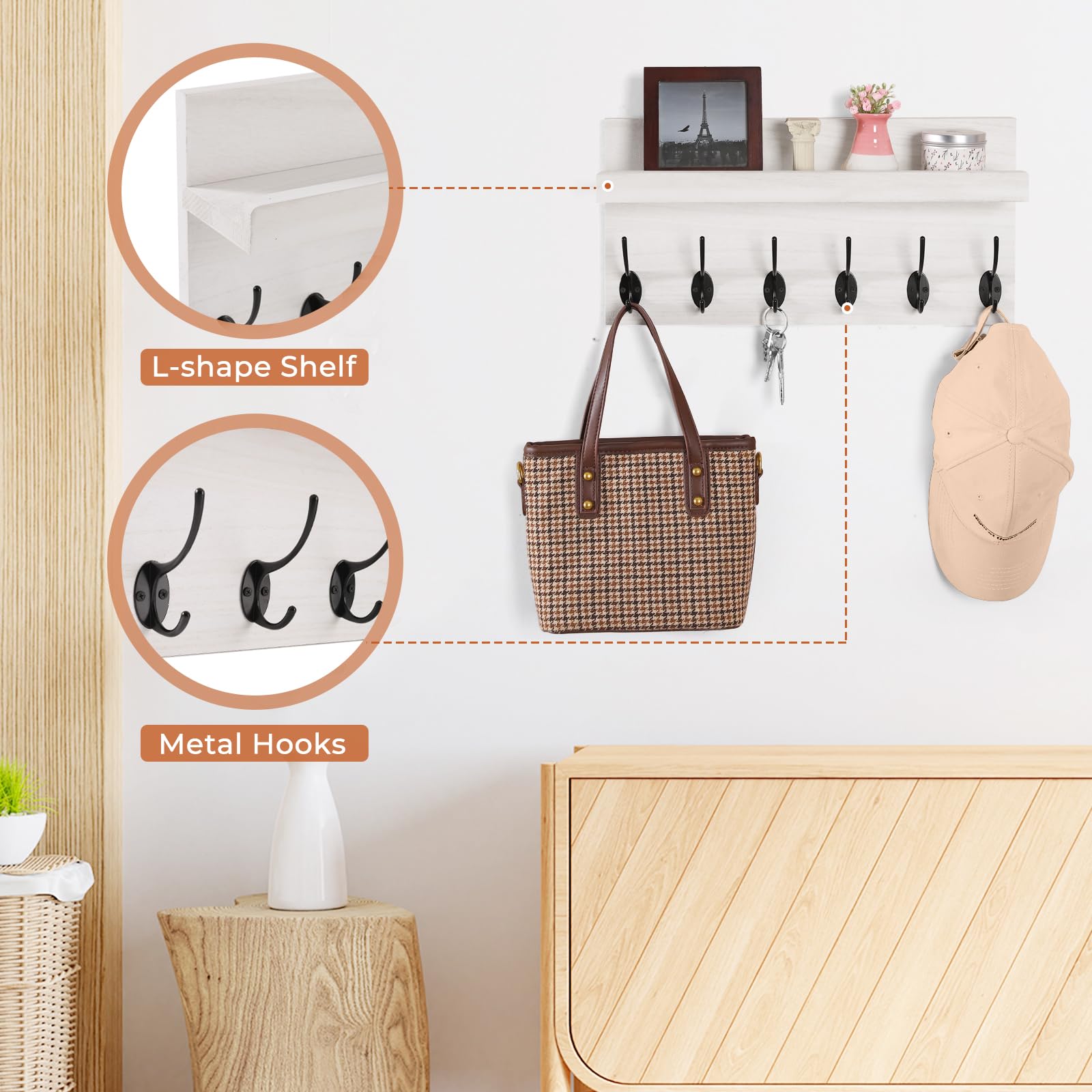 HRONRAD Shelf with Hooks, Coat Rack Wall Mount with 6 Double Metal Hooks, 17 Inch Farmhouse Wall Hooks with Shelf, for Entryway, Bathroom, Kitchen, White