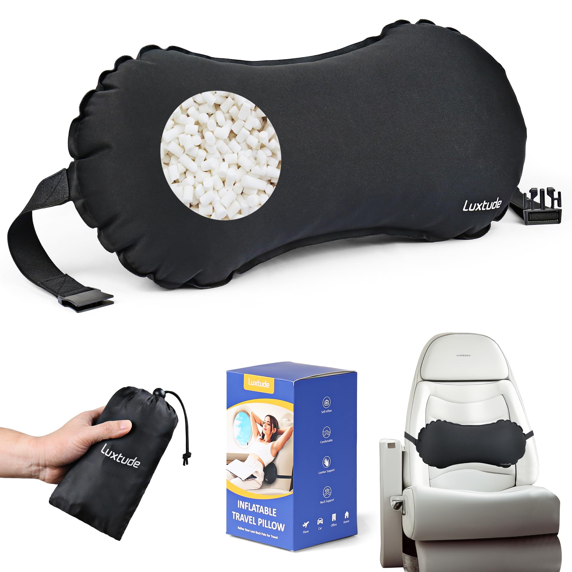 Luxtude Inflatable Lumbar Pillow for Airplane Travel, Lumbar Support Pillow for Office Chair/Car, Self-Inflating Travel Lumbar Pillow Back Support, Lower Back Pillow Reducing Lumbar Pain