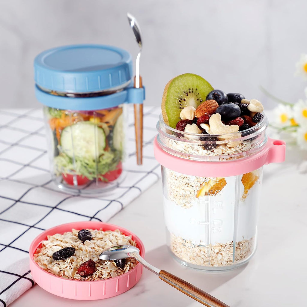 ALINK 4 Pack Overnight Oats Containers with Lids and Spoons, 16 oz Large Capacity Glass Mason Jars with Airtight Lid for Overnight Oats Meal Yogurt Chia Pudding Fruit Cereal Oatmeal Reusable Jars