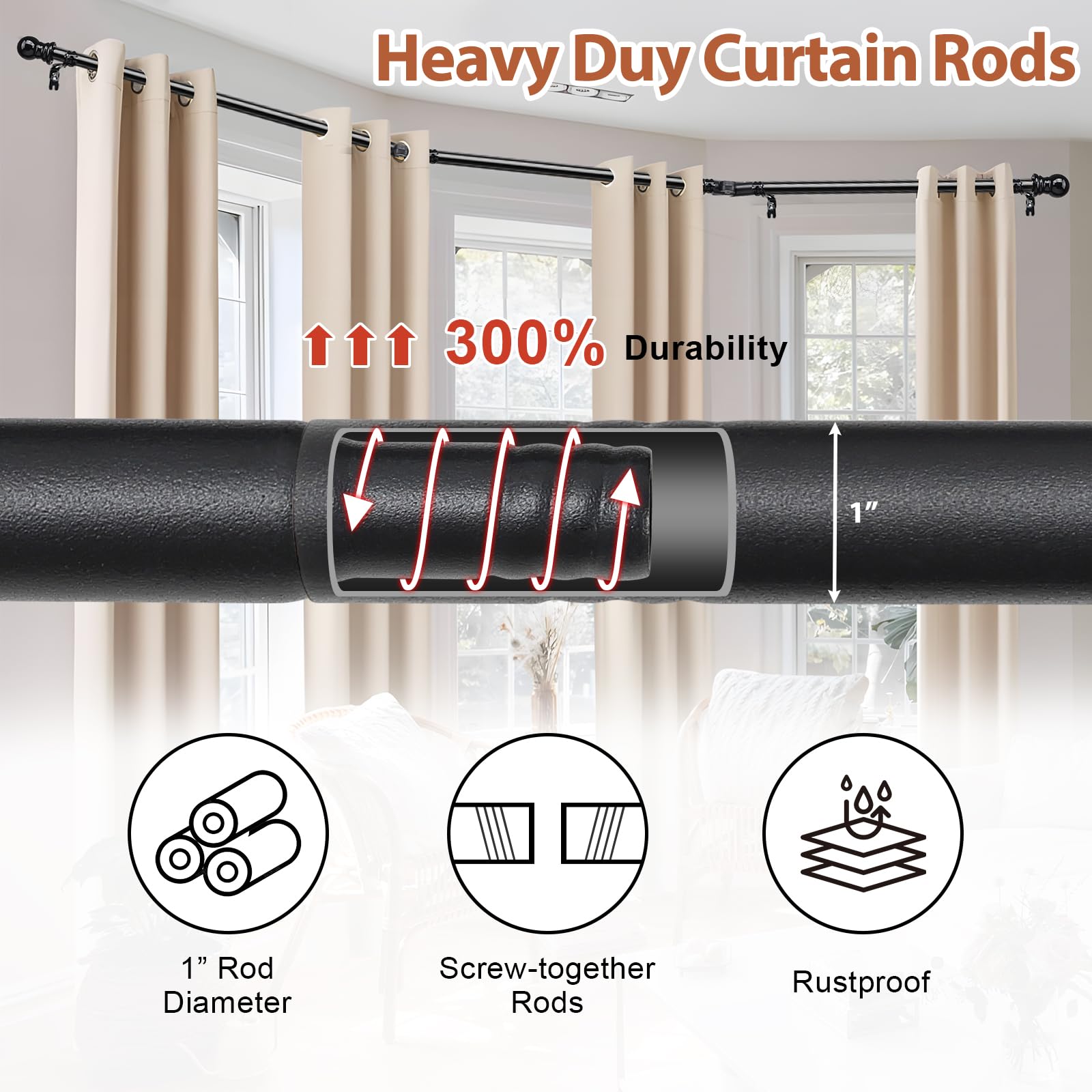Bay Window U Shaped Curved Curtain Rods, 59-184 Inches, 1 Inch Diameter Heavy Duty Black, Adjustable for Bedroom, Living Room, Corner Windows