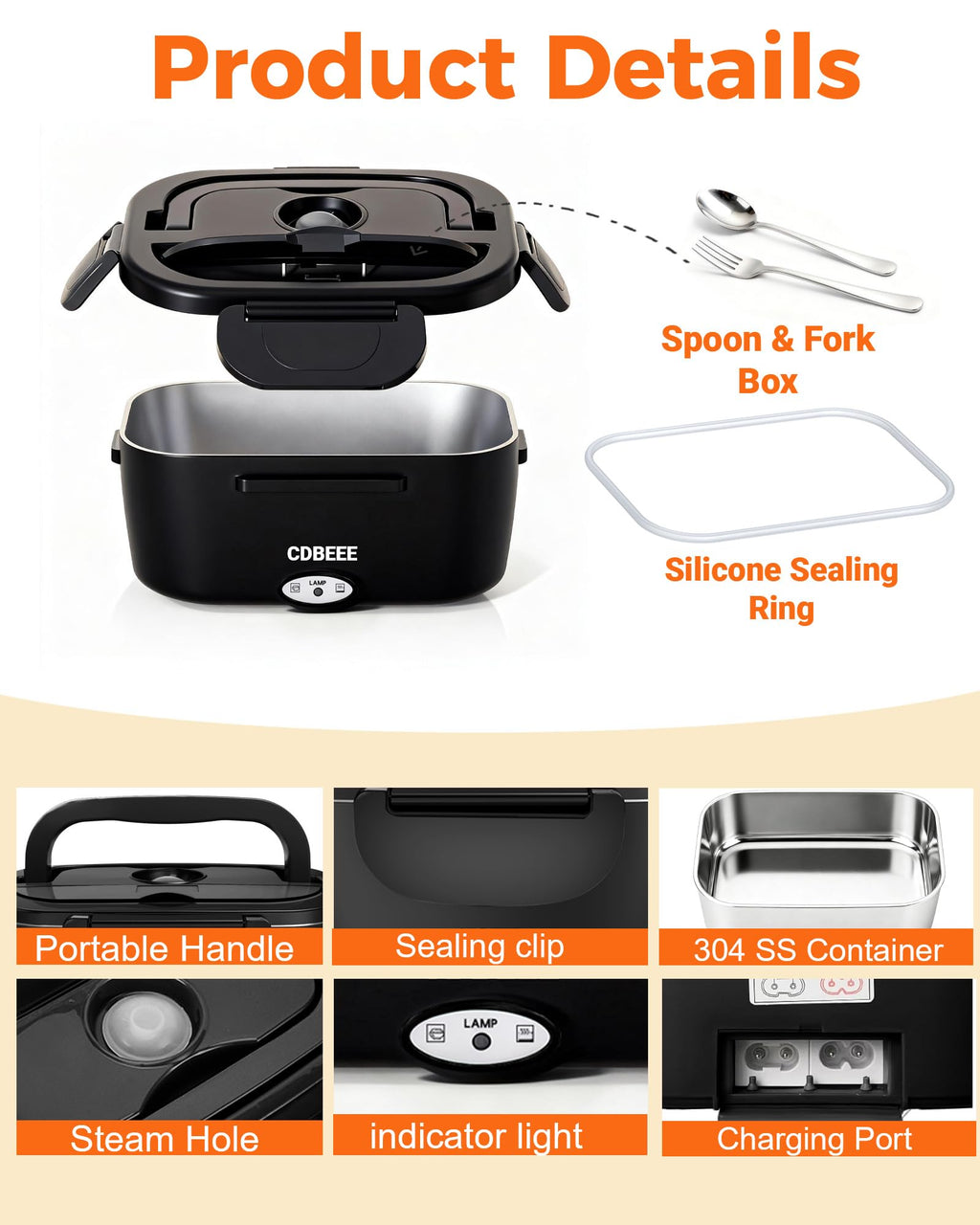 Electric Lunch Box Food Heater| 80W Rapid Heating 3-in-1 (Car 12V/24V & Home 110V) | 1.5L Portable Food Warmer Leak-Proof 304 Stainless Steel | Perfect for Work, Travel, On-The-GO (1.5L-Black)