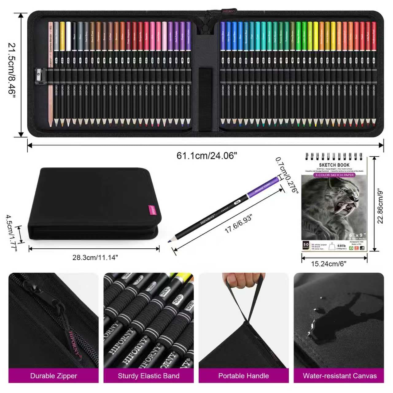 HIFORNY 55PCS Pencil Crayons for Adult Coloring – 50 Soft Core Colored Pencils with Sketchbook, Coloring Book, Blender, Sharpener & Color Chart – in Gift Box & Zipper Case