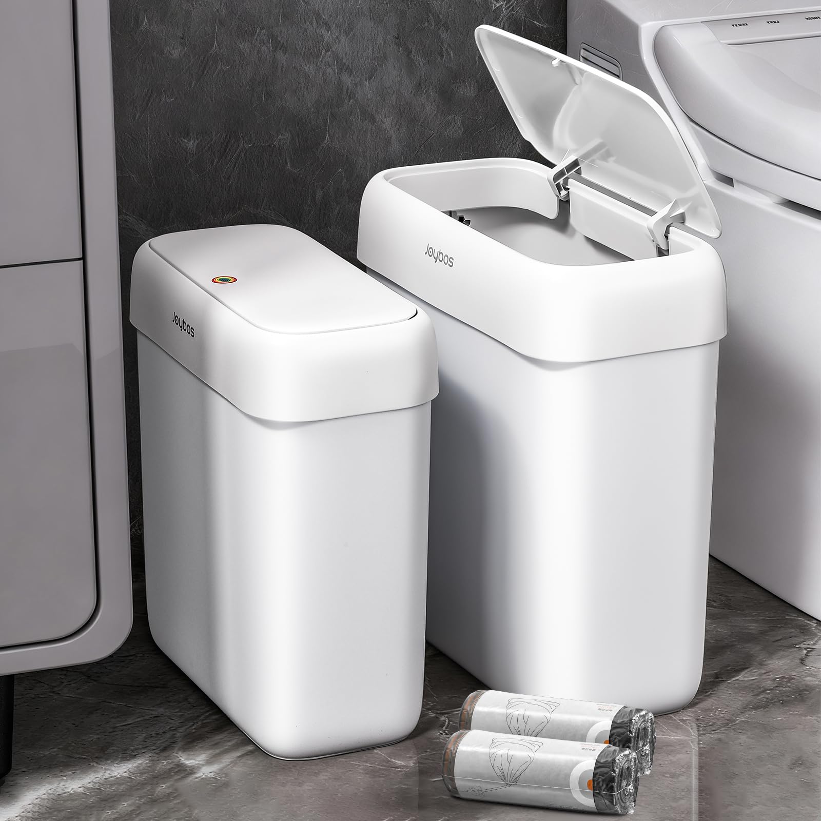 JOYBOS 2 Pack Bathroom Trash Can with Lid, 3 Gal/12 L & 2.7 Gal/10L Garbage Can with Pop-Up Lid,Small Spaces Plastic Trash Can, Slim Trash Bin Waste Basket for Bathroom,Rv, Office, White