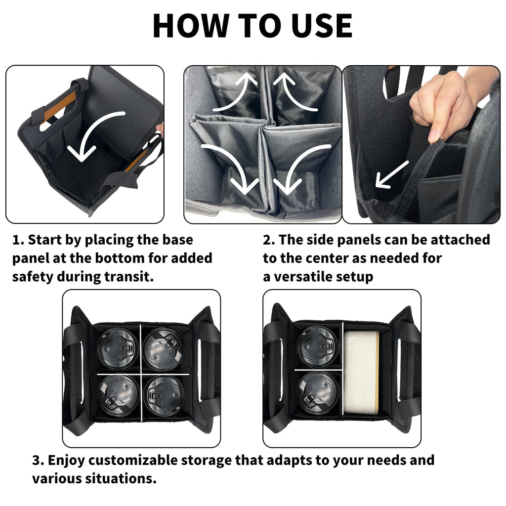 NENYX Reusable 4 Cup Drink Carrier with Handle and Adjustable Dividers, Insulated Caddy for Take Out, Foldable Coffee Cup Holder for Hot & Cold Drinks (Black)