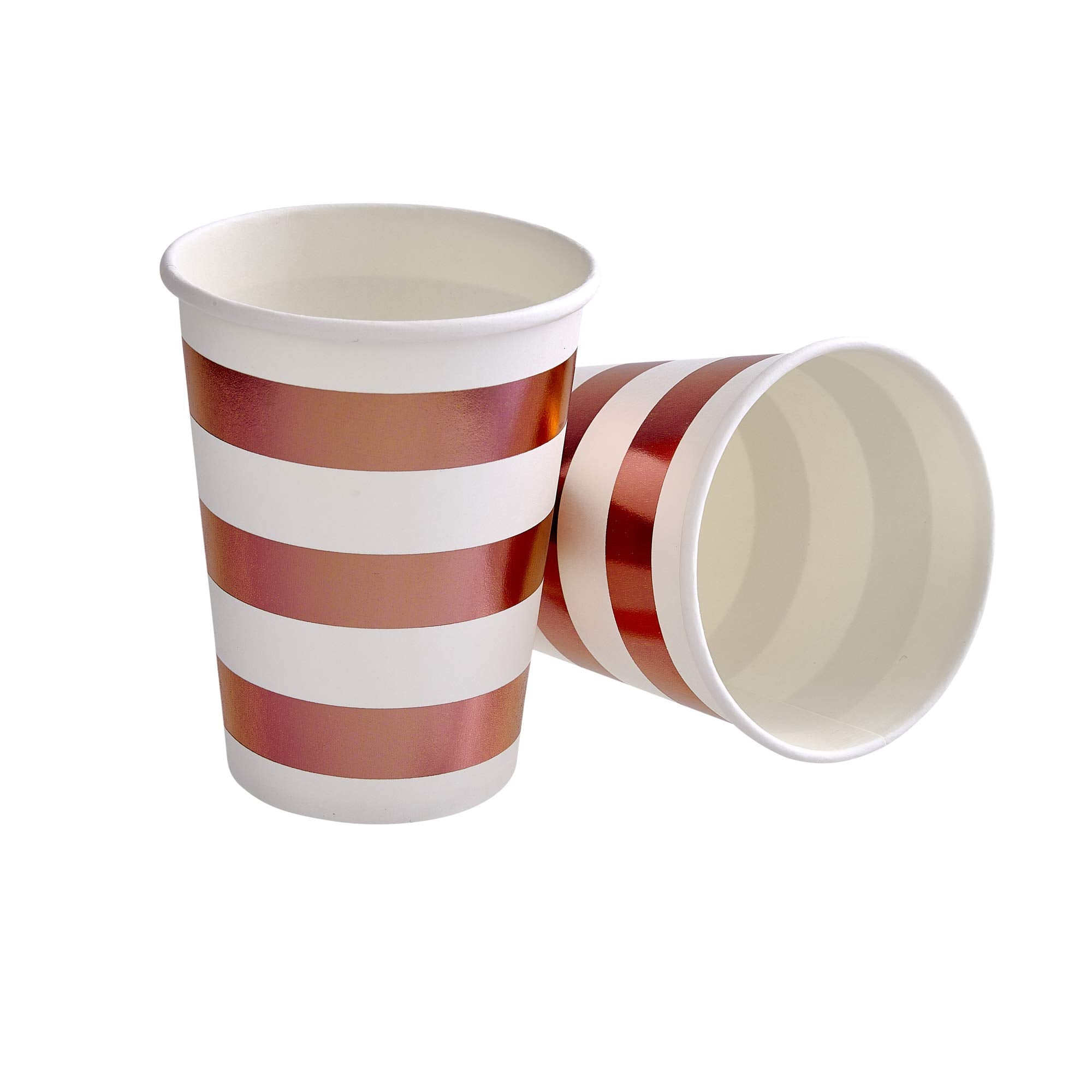 SILVER SPOONS Party Disposable Decorative HOT Cups | 9 oz | Metallic Rose Gold Stripe | for Upscale Parties and Events | 24 pc