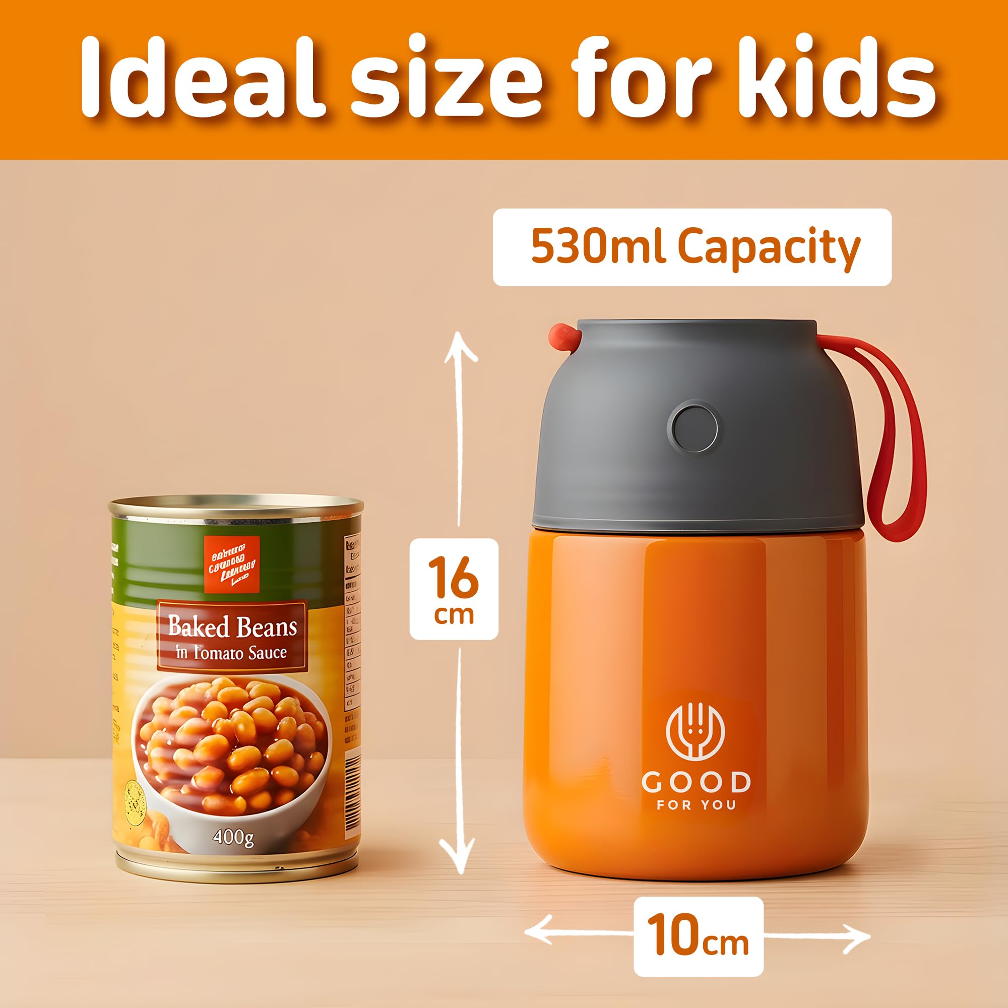 Insulated Food Flask - 530ml Stainless Steel Jar for Hot and Cold Meals – Double-Wall Insulation, Thermal Food Container for School, Office, Travel, Camping - Foldable Spoon, Bag - Orange - 24.7 oz…