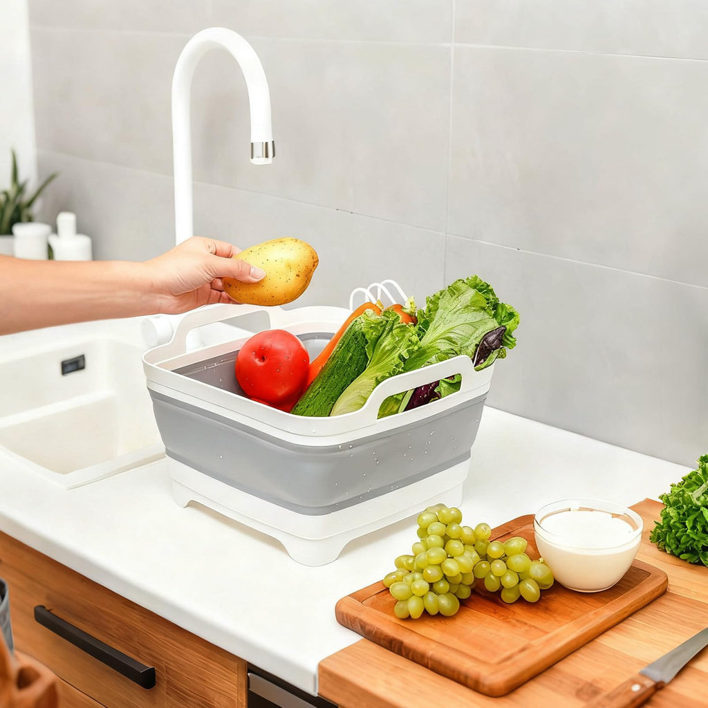 NIKONIKO Collapsible Sink, 9L Portable Wash Basin with Handle and Drain Plug, Grey