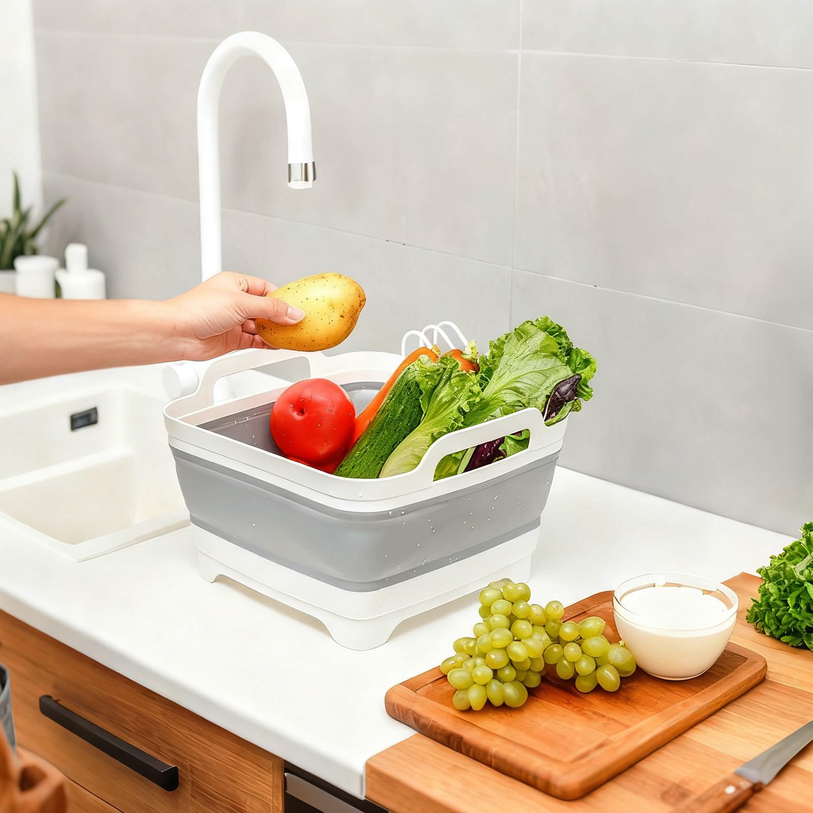 NIKONIKO Collapsible Sink, 9L Portable Wash Basin with Handle and Drain Plug, Grey