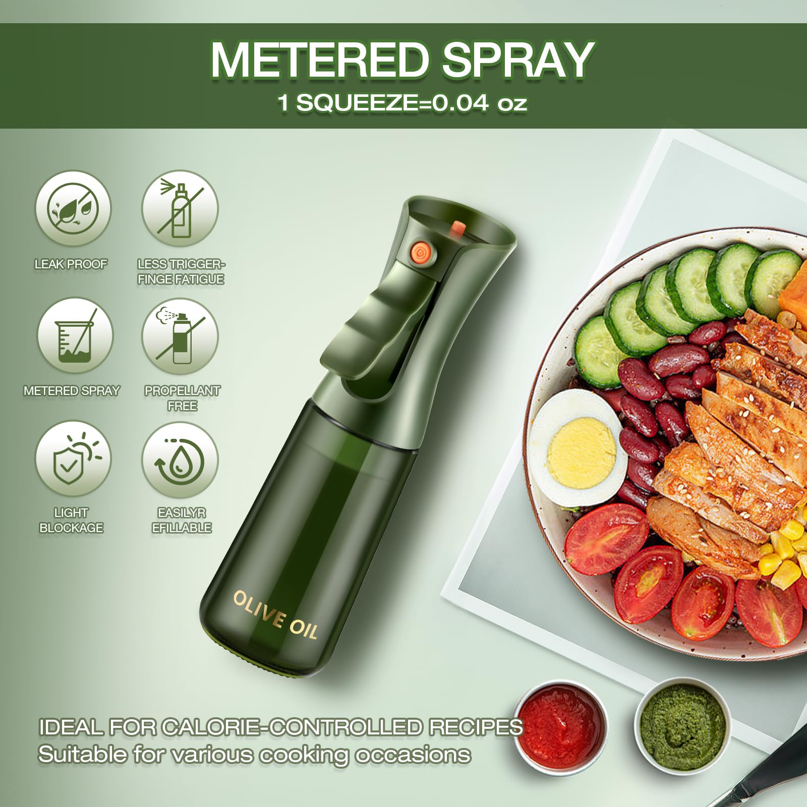 hoforife Glass Olive Oil Sprayer for Cooking, Oil Mister Continuous Cooking Spray with Portion Control for Kitchen 225ml/7.6 oz (Olive Green Bottle)