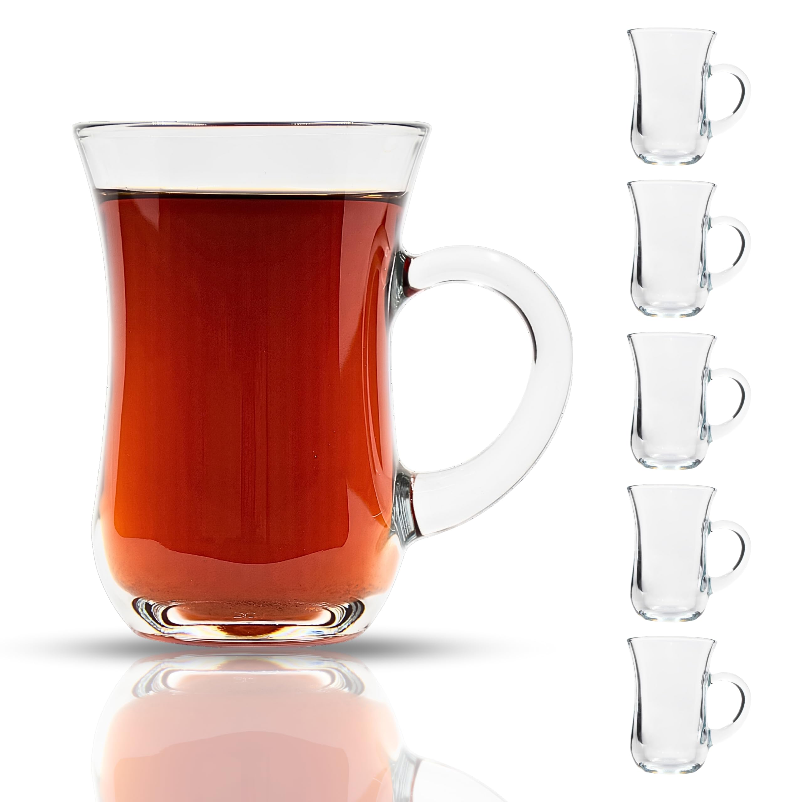 yersiz Turkish Tea Glasses With Handle - 6 pcs Glass Tulip Teacups, 4.9 oz Capacity, 2.6" Diameter, 3.7" Height