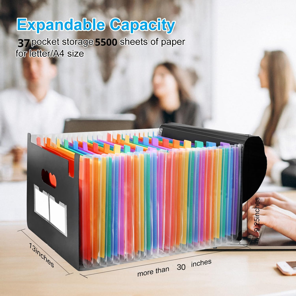37 Pockets Expanding File Folders with Blank Labels, Expandable Accordian File Organizer with Cover, Desktop Accordion Folders Letter A4 Paper Document Storage Organizer for School Home Office