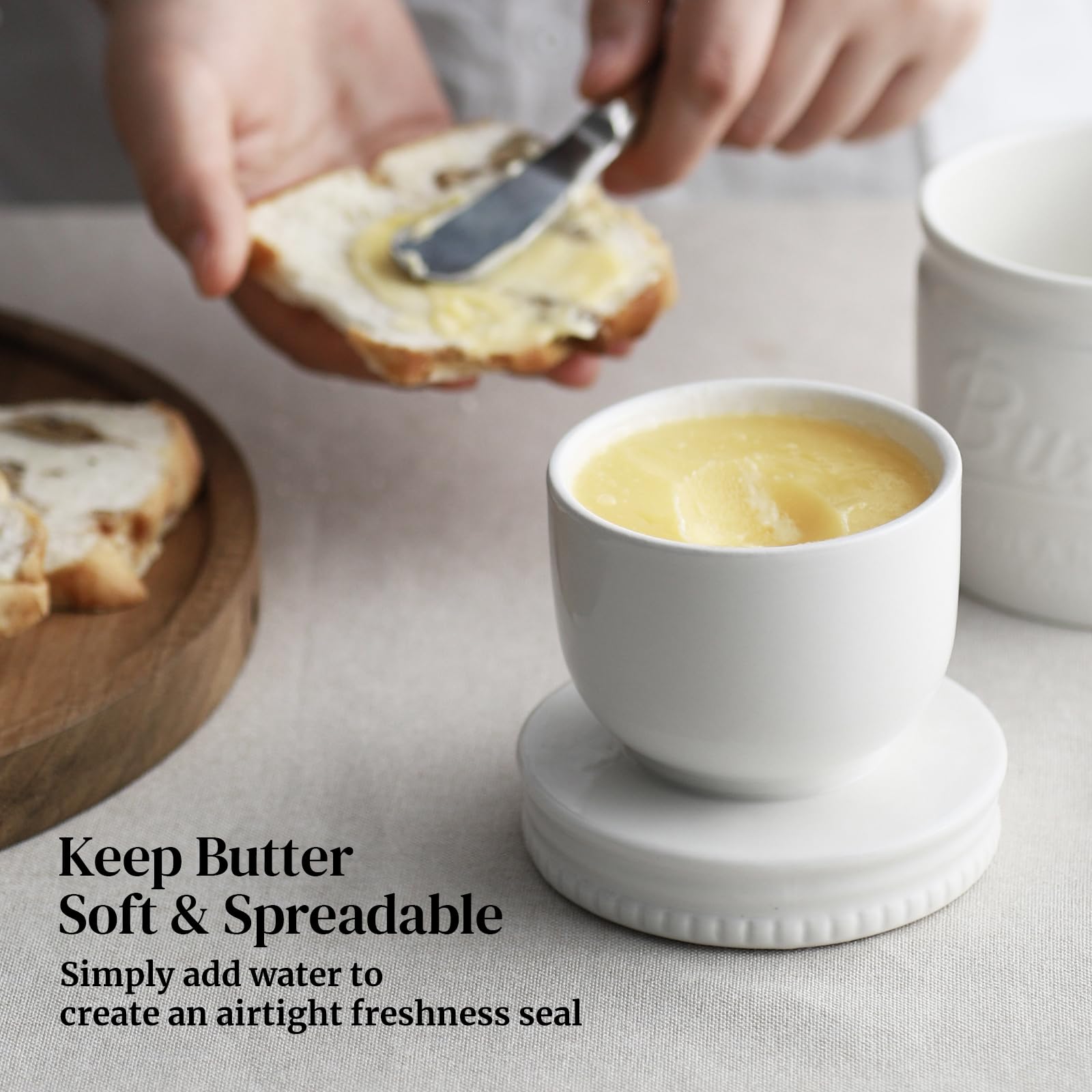 DOWAN Porcelain Butter Keeper Crock, French Butter Dish with Lid, Embossed Butter Container for Soft Butter, Big Capacity & Humanized Water Line, White
