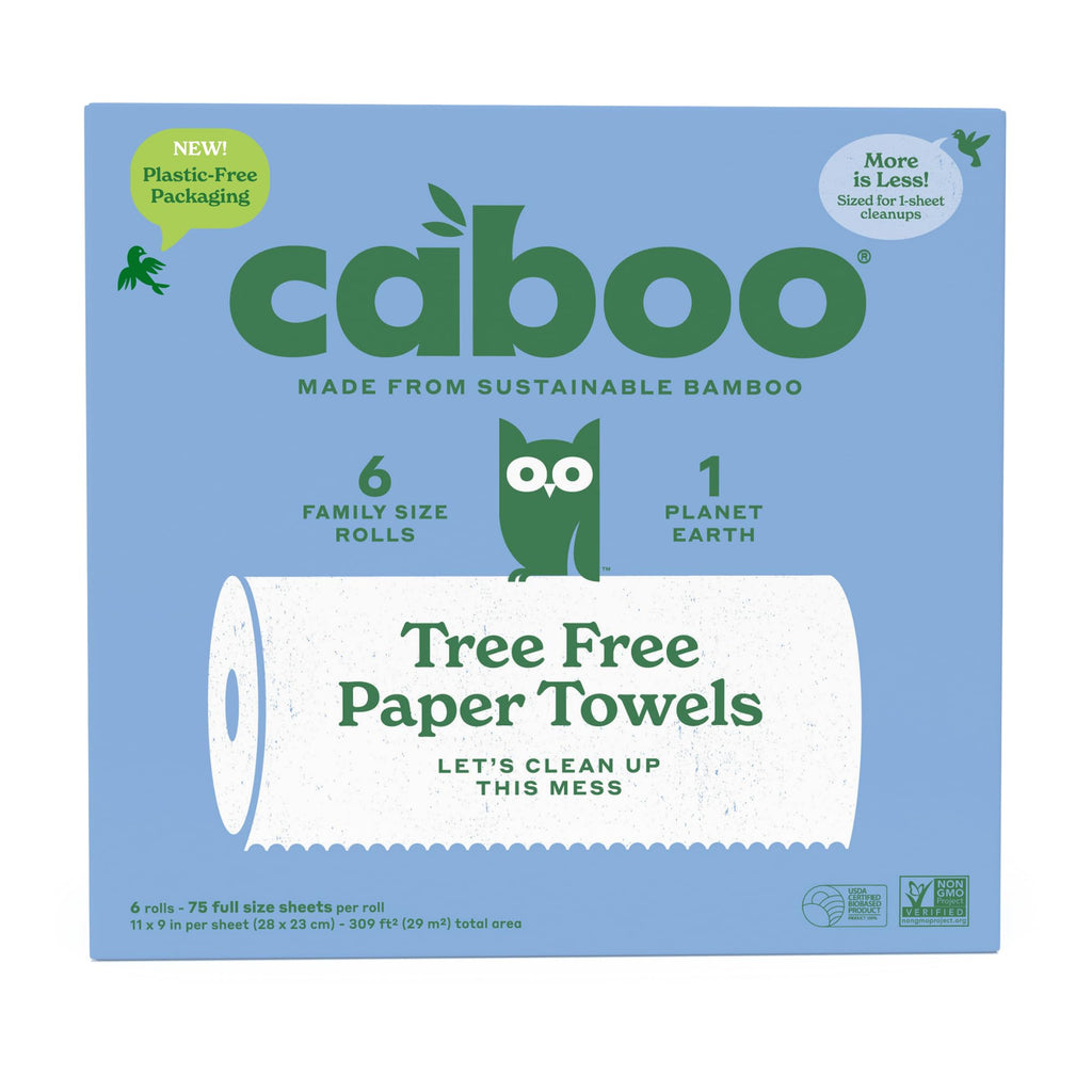 Caboo Tree Free Paper Towels, 6 Rolls, Earth Friendly Sustainable Kitchen Paper Towels with Strong 2 Ply Sheets