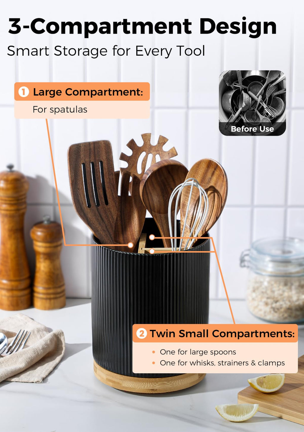 LoeJan 3 Compartment Utensil Holder, 7.2" Extra Large Utensil Crock, Stable Ceramic Utensil Organizer, Cooking Tool Organizer Set for Kitchen Counter Farmhouse Décor