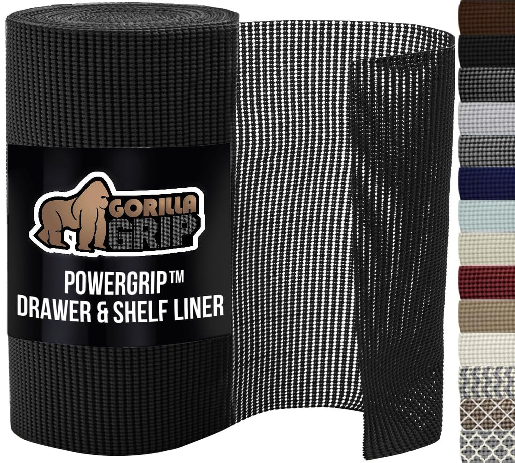 GORILLA GRIP Drawer and Shelf Liner, Strong Grip, Non Adhesive Easiest Install Mat, 12 in x 20 FT, Durable Organization Liners, Kitchen Cabinets Drawers Cupboards, Bathroom Storage Shelves, Black