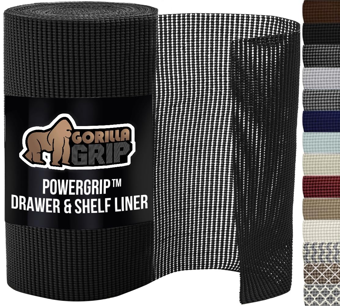 GORILLA GRIP Drawer and Shelf Liner, Strong Grip, Non Adhesive Easiest Install Mat, 12 in x 20 FT, Durable Organization Liners, Kitchen Cabinets Drawers Cupboards, Bathroom Storage Shelves, Black