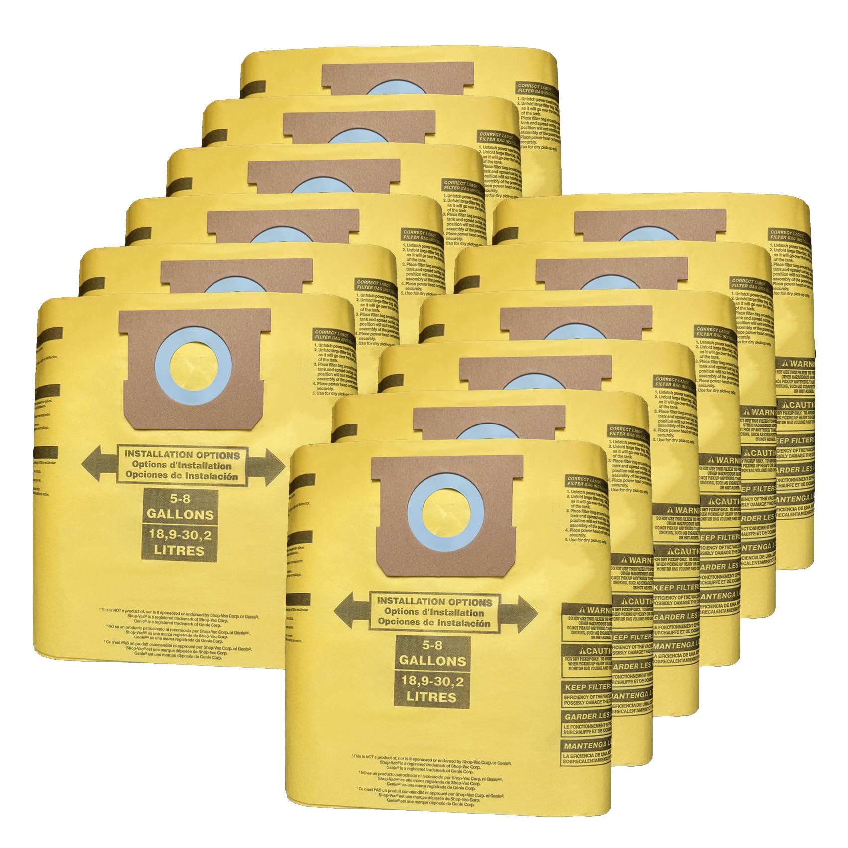 12 Pack Vacuum Filter Bags for Shop Vac 5-8 Gallon Type E/Type H, Canister Vacuum Cleaner Dust Bags for Shop Vac Replace Part 90661 9066100 90671 9067100 Yellow