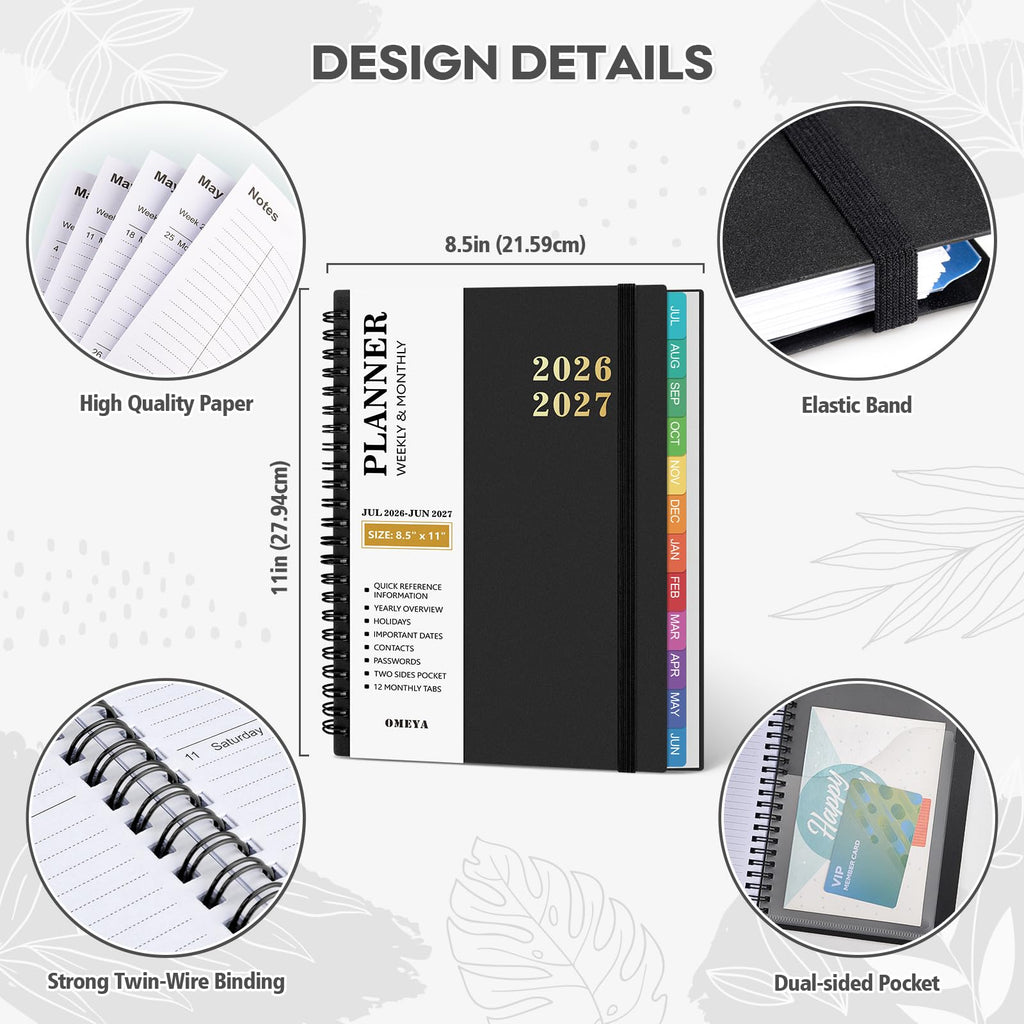 Planner 2026-2027 – Agenda 2026-2027: Planner Weekly and Monthly from July 2026 to June 2027, 8.5" x 11", 2026-2027 Calendar Planner with Monthly Tabs, Flexible Cover, Thick Paper, Inner Pocket for School Office Supplies(Black)